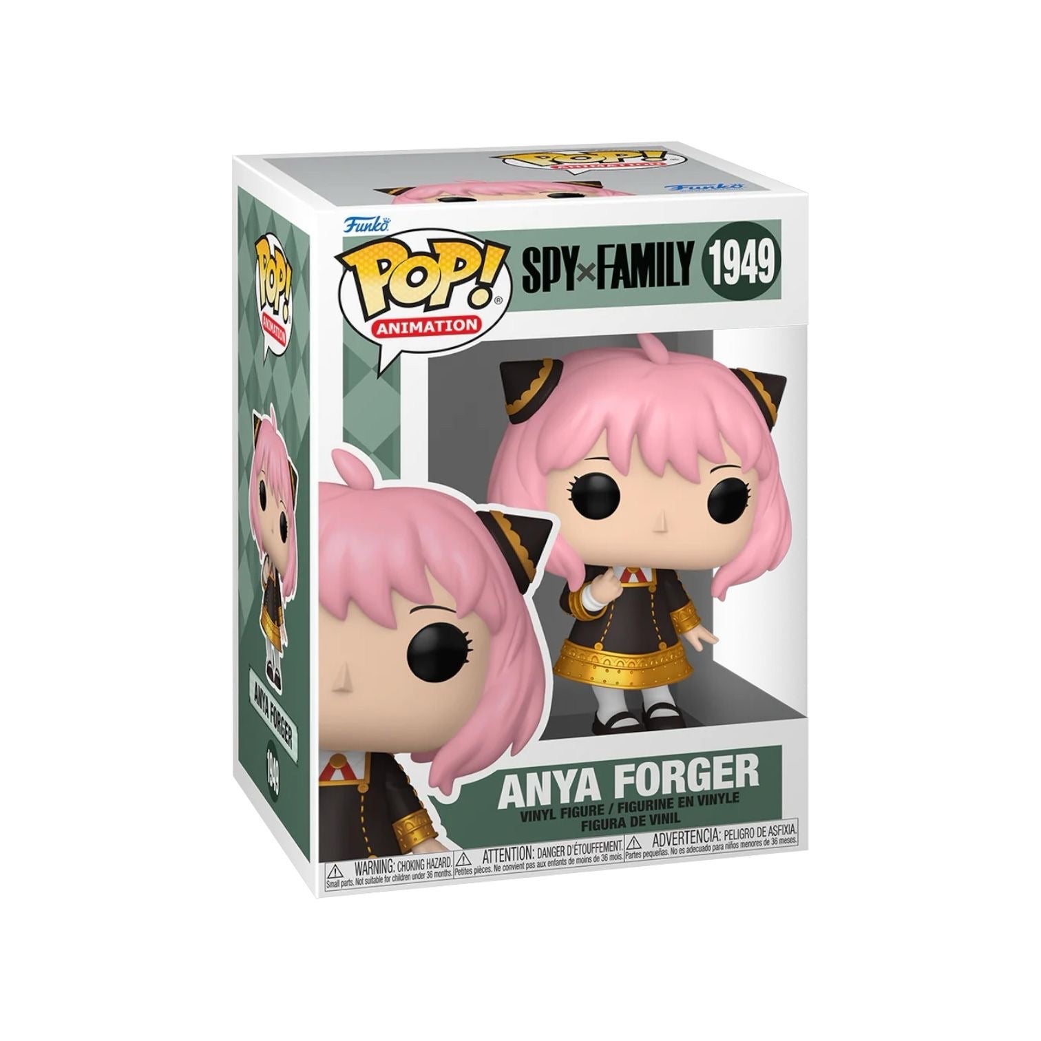 Anya Forger 1949 Funko pop : with pink baby pink hair, wearing and black dress with godl detail around the hem and sleeves 