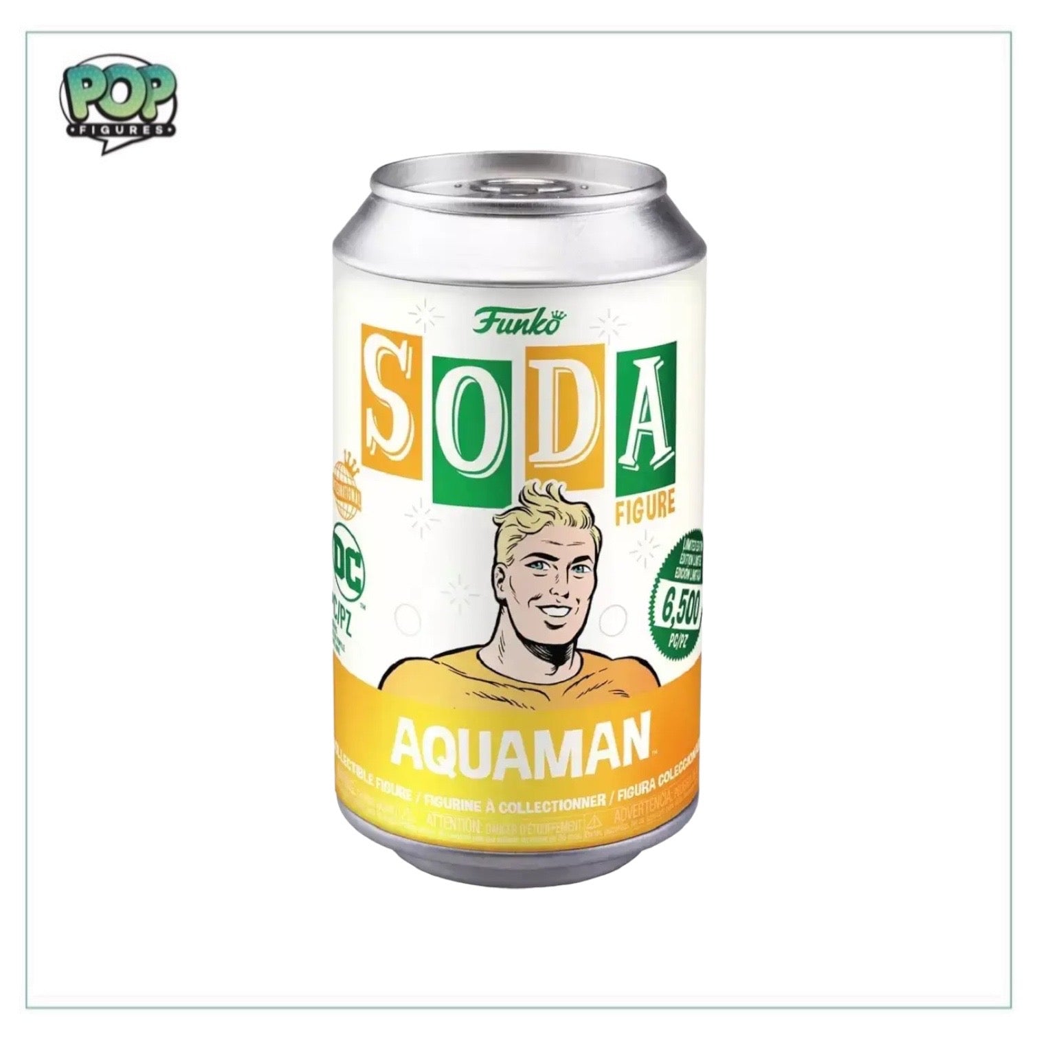DC Aquaman Funko Soda Vinyl Figure, limited to 6500 pieces internationally, with a possibility of a chase variant included.