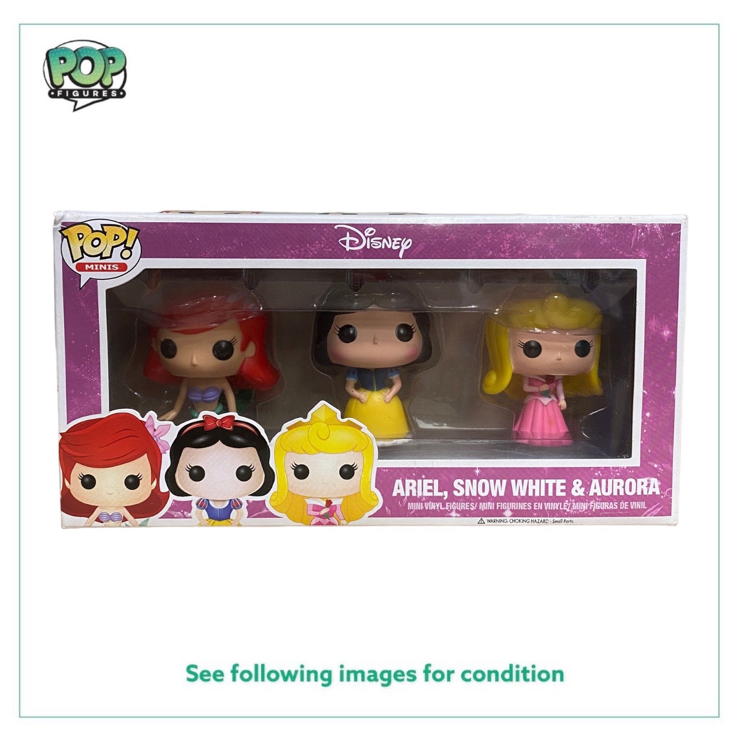 Funko Pop Minis featuring Ariel, Snow White, and Aurora from Disney, 2013 edition, in 7.5/10 condition.