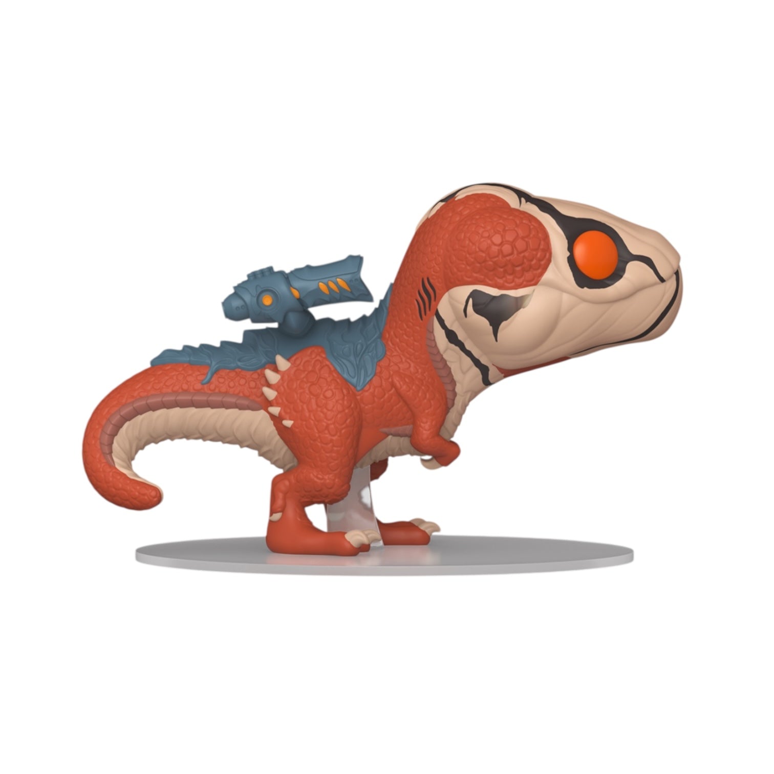 Toy dinosaur figure with a blue object on a white background
