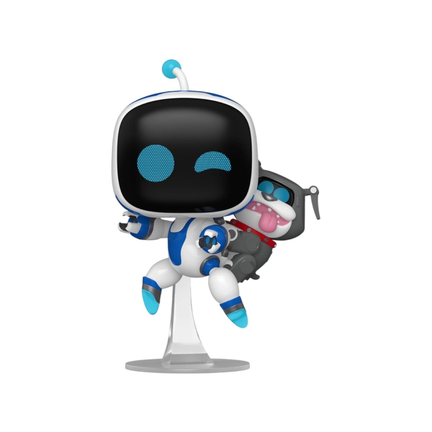 Toy figure of a robot with a black screen face on a white background