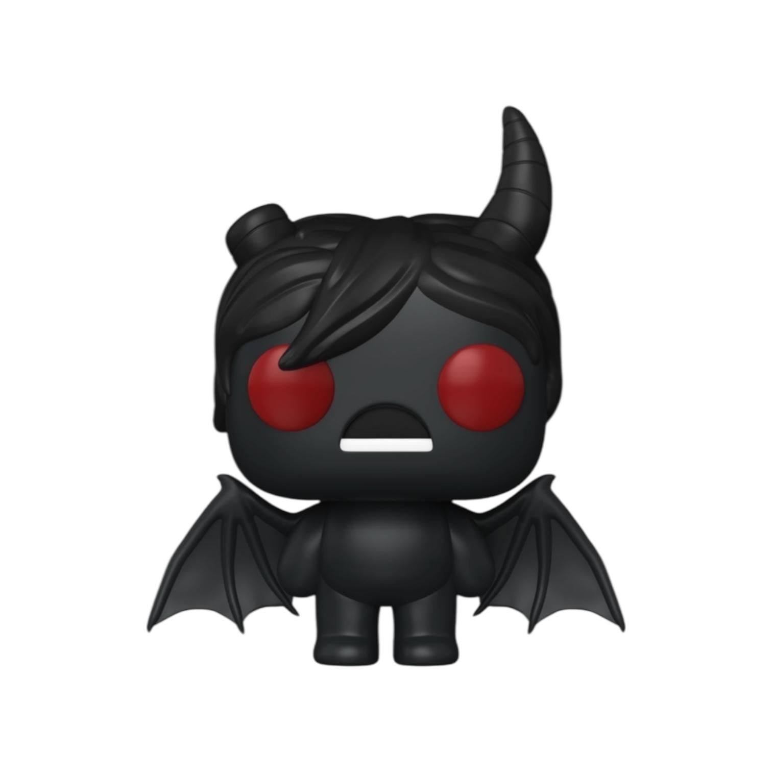 Black figurine with red eyes and bat wings on a white background