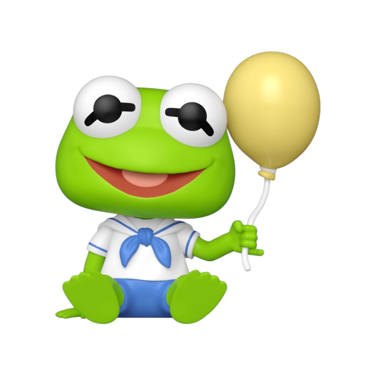 Cartoon frog character holding a yellow balloon on a white background