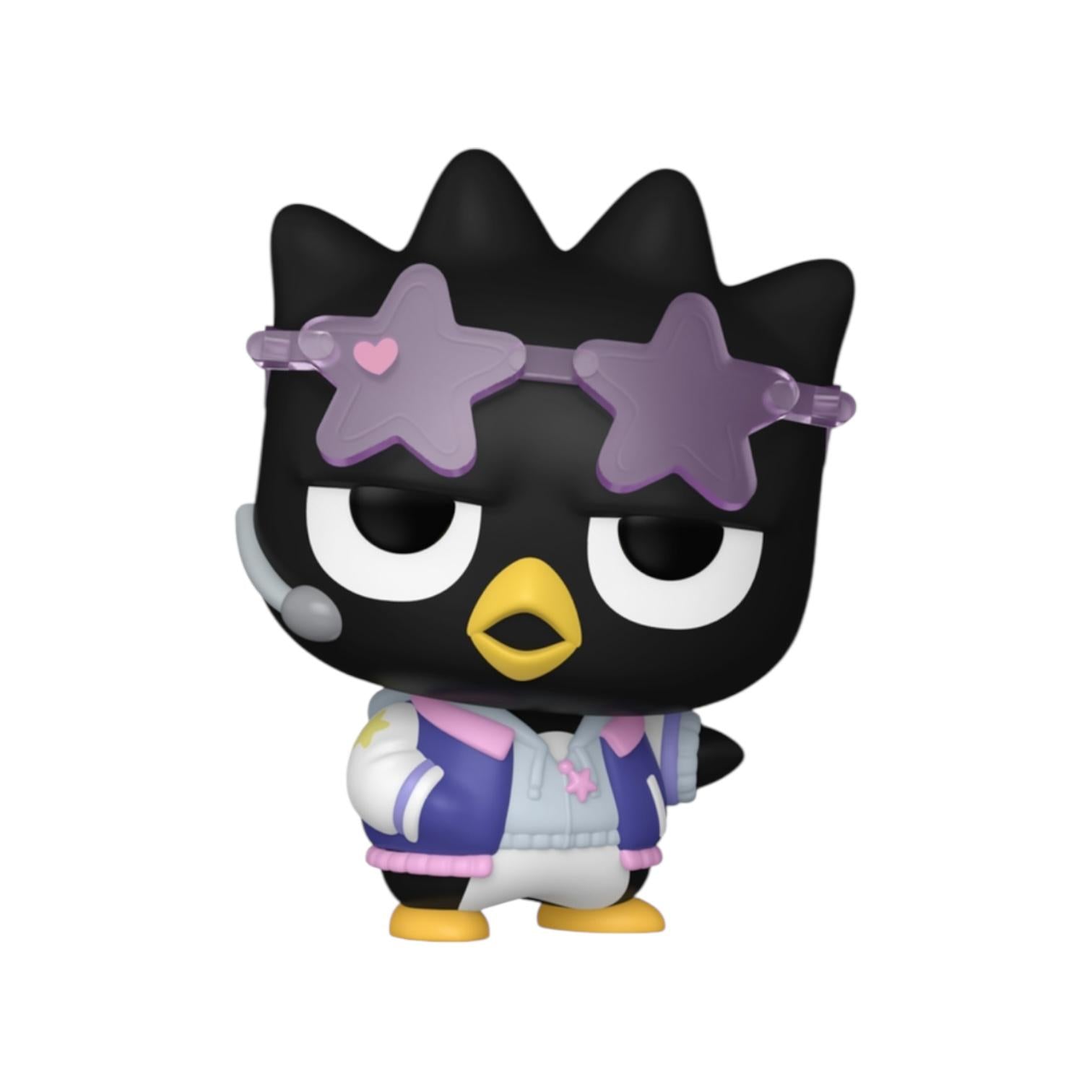 Black character figurine with purple sunglasses and a purple jacket on a white background
