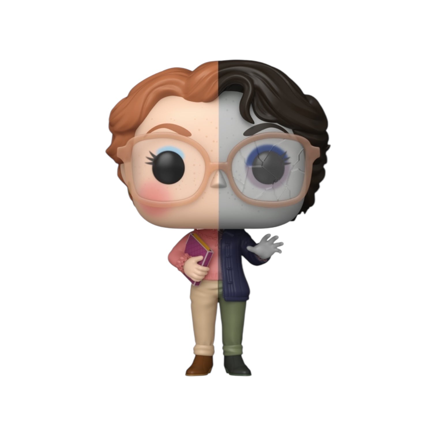 Two-faced character figurine with different hairstyles and clothing on a white background