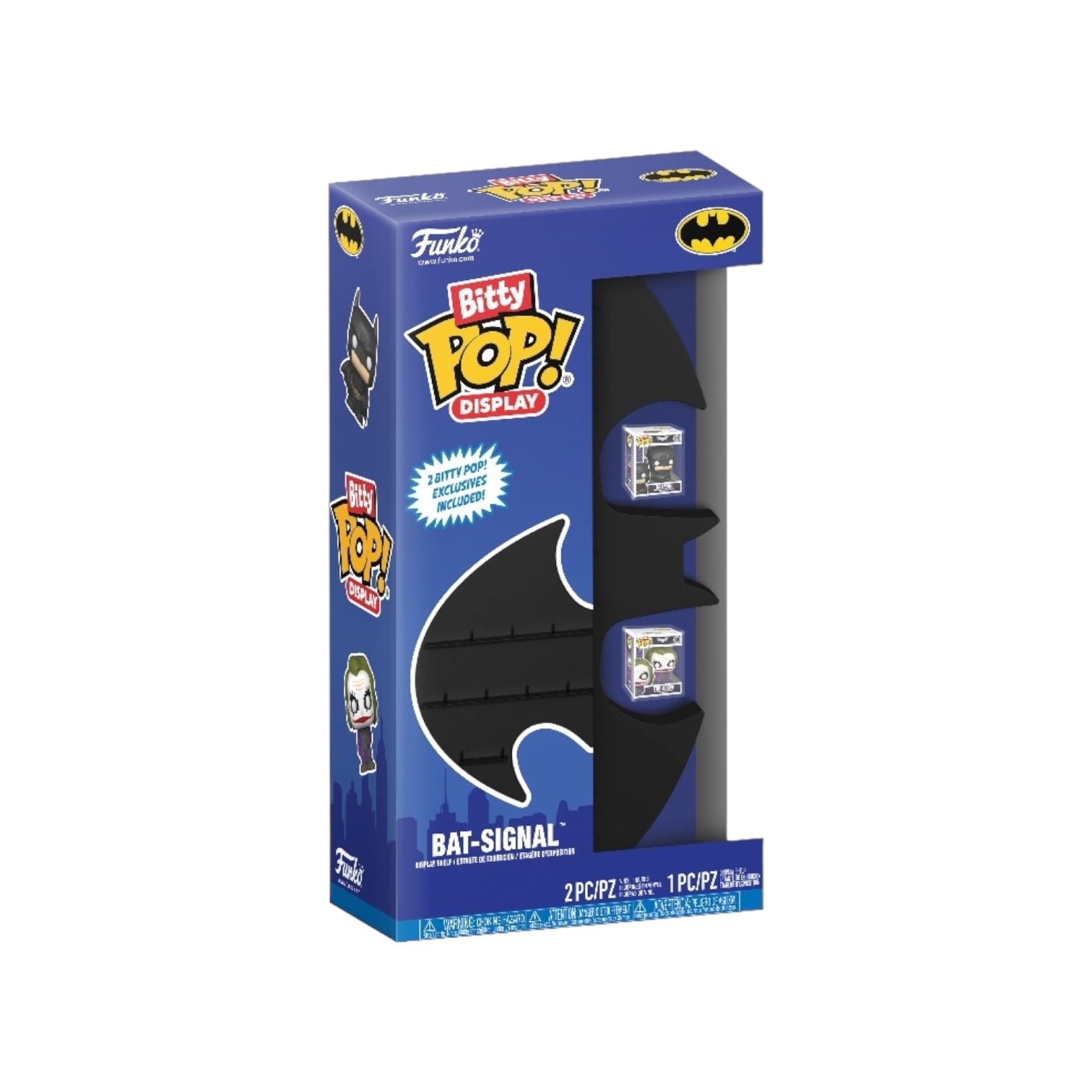  Funko Bitty Pop display featuring Batman with the Bat-Signal in the background, showcasing a fun collectible design.