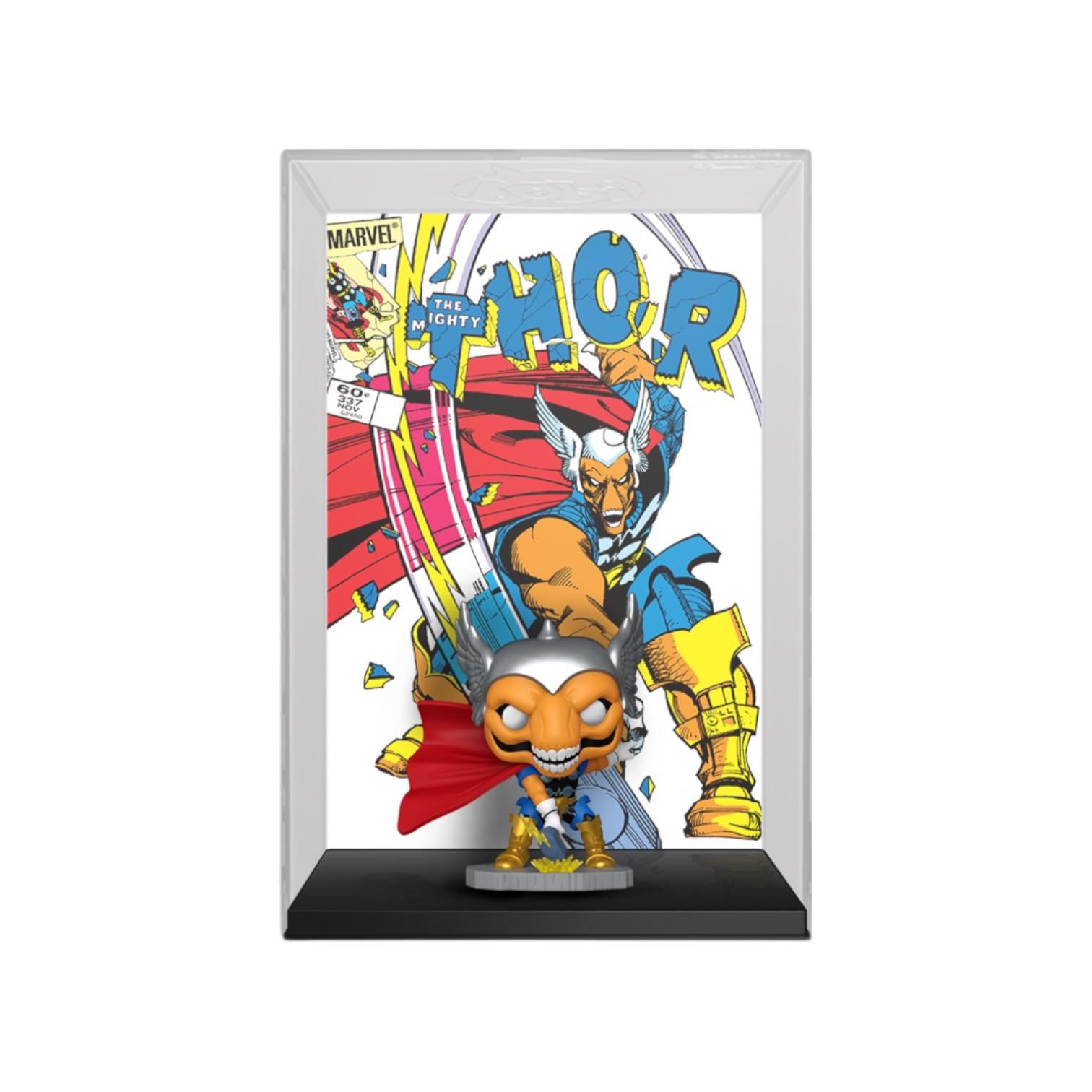 Thor figurine in front of a comic book-style Thor poster