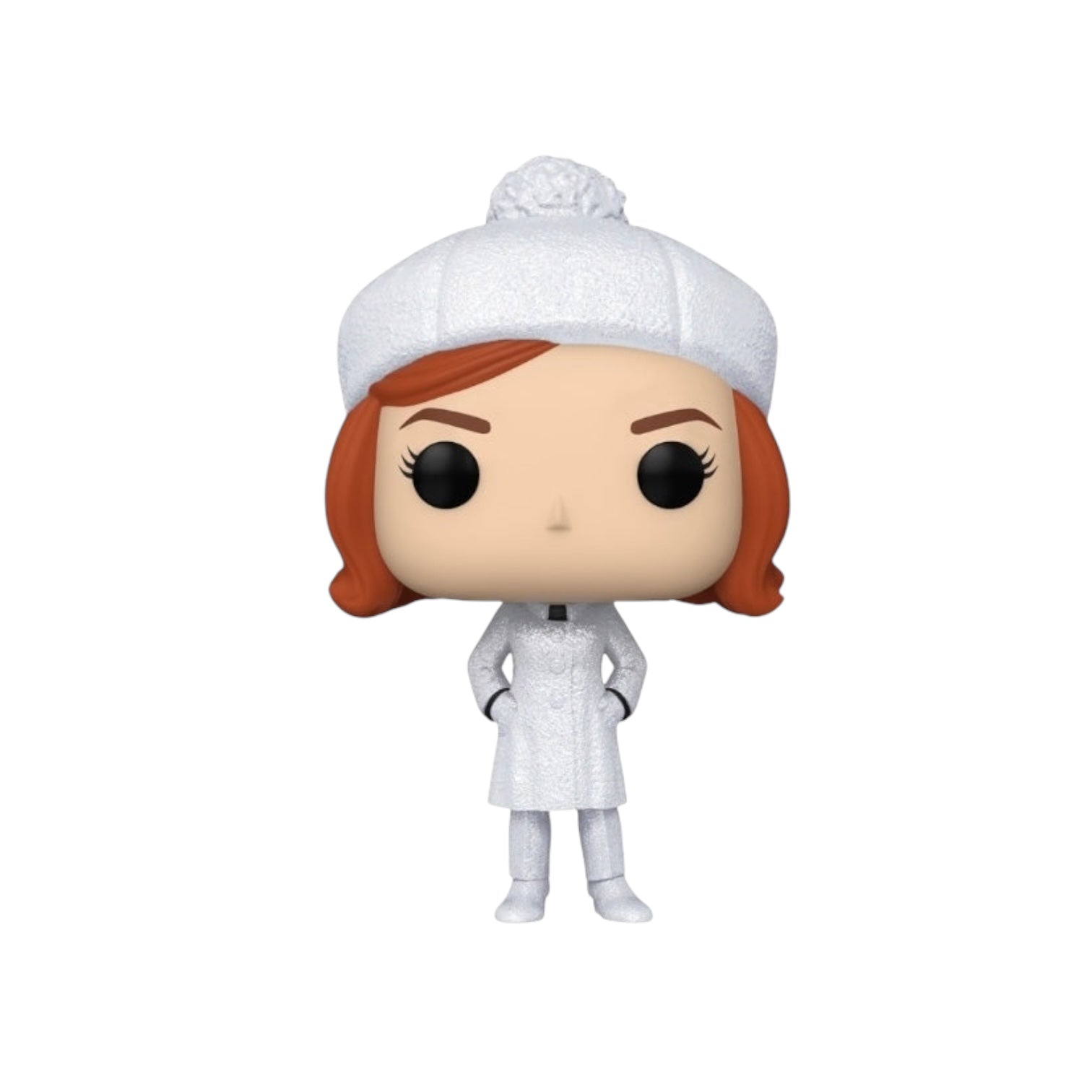 Girl with short red hair wearing a white hat, white coat and white boots with a diamond glitter affect. 