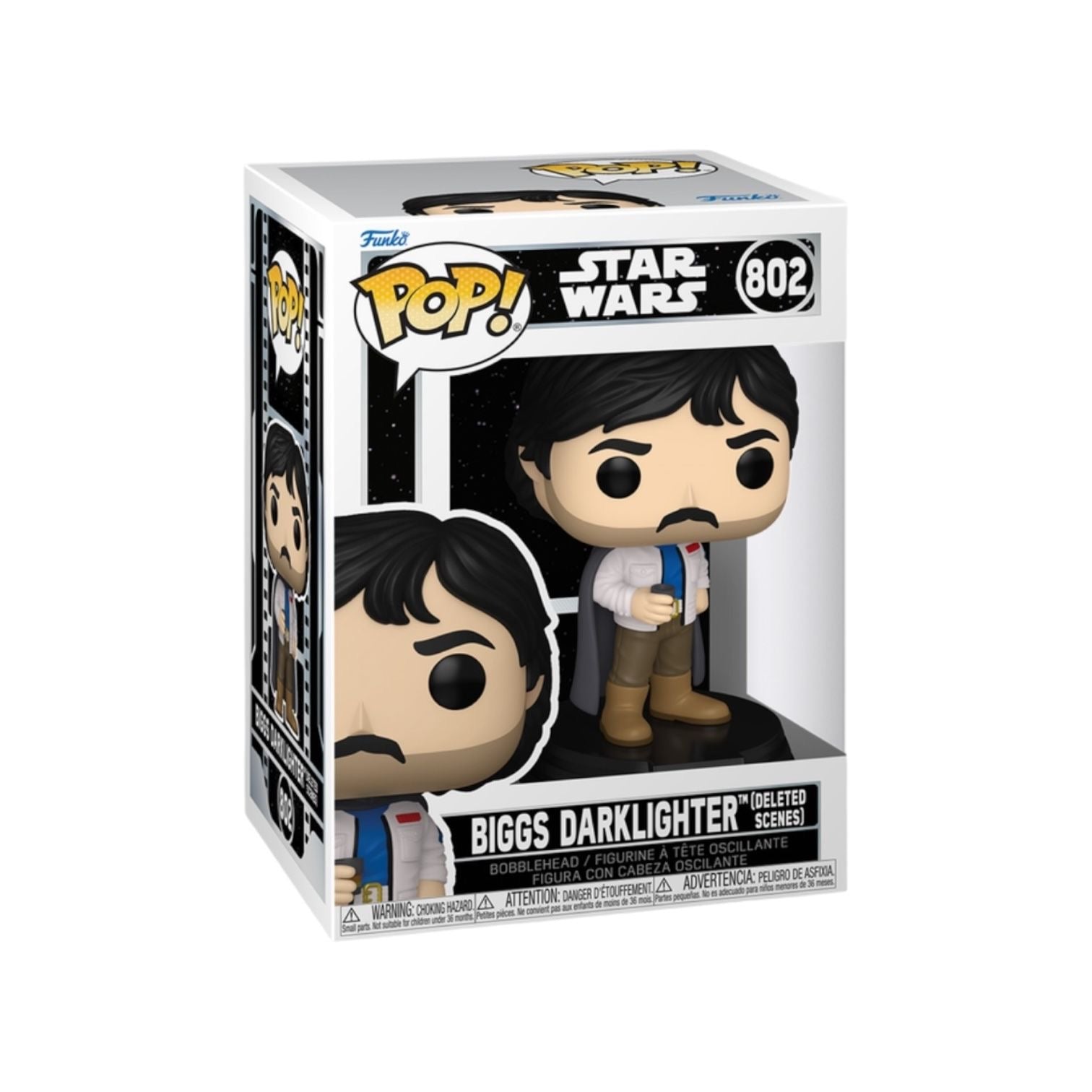 Funko Pop! vinyl figure packaging for Biggs Darklighter from Star Wars, with 'Pop!' and 'Star Wars' branding.