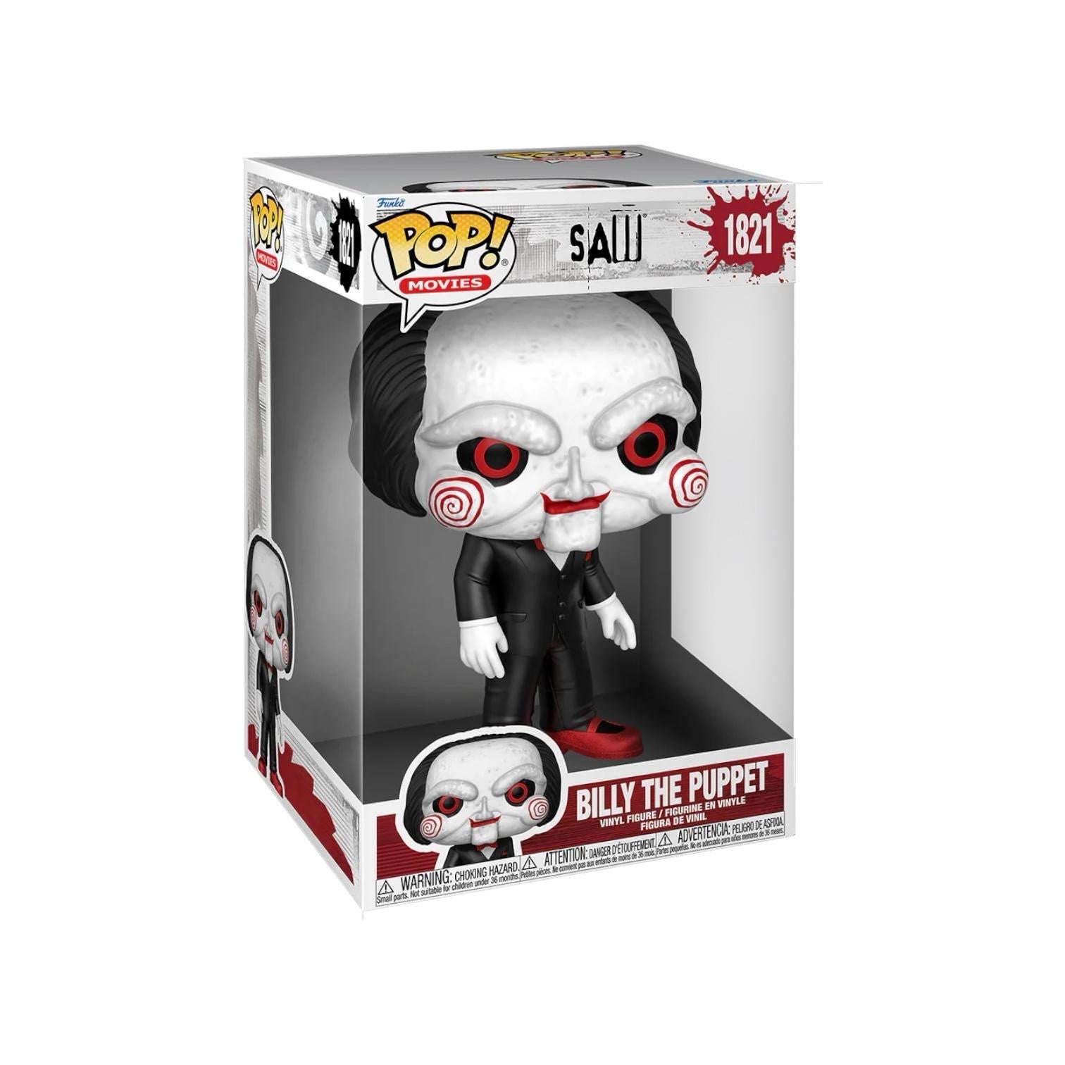  Billy the Puppet Funko Pop #1821, a large collectible figure from the Saw movie franchise, featuring a menacing expression.