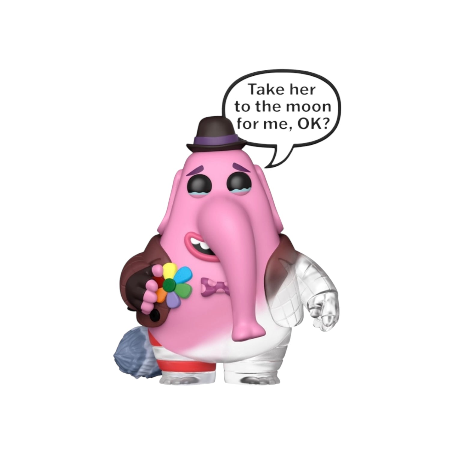 Pink elephant figurine with a speech bubble saying 'Take her to the moon for me, OK?' on a white background