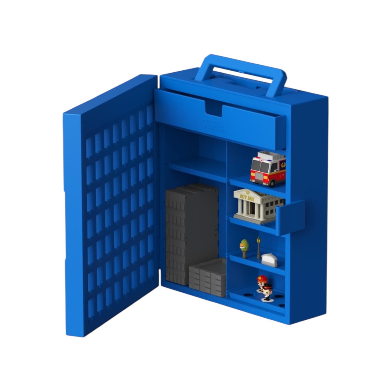 Blue toy storage case with shelves containing various toy buildings and figures on a white background