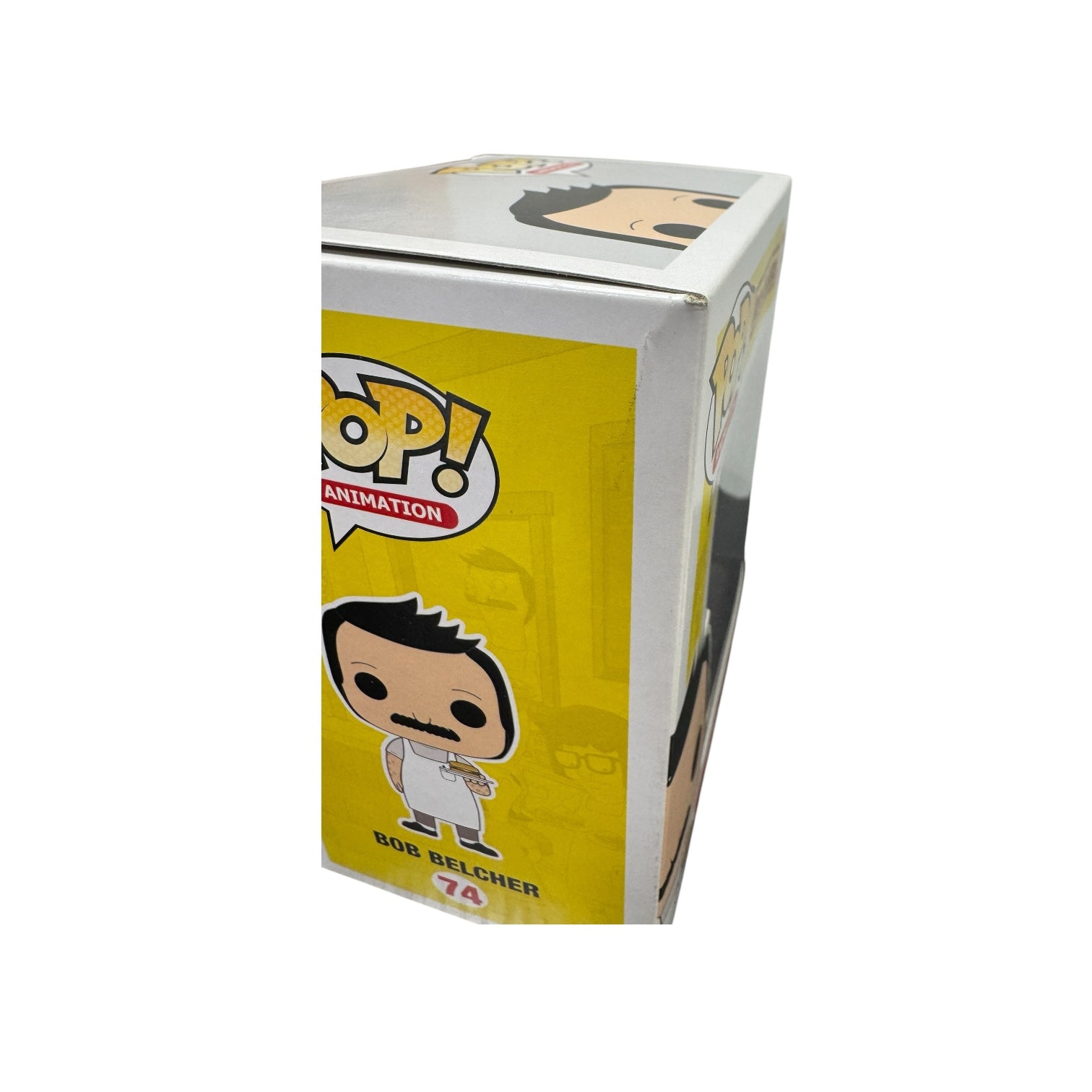 Bob Belcher Funko Pop! Bobs Burgers holding a hamburger on a plate. Box blemishes to the side of the box.