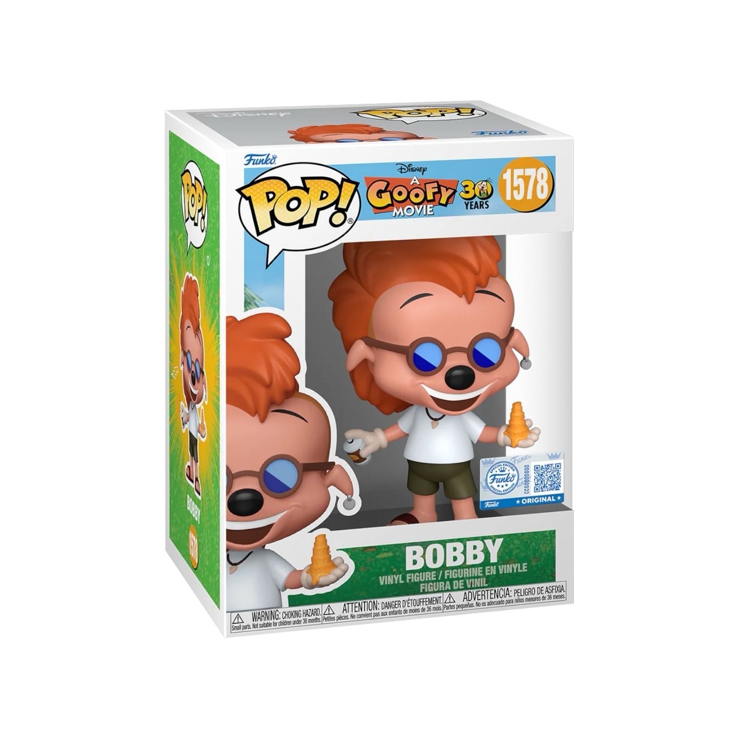 Funko Pop figure of Bobby from A Goofy Movie, celebrating its 30th anniversary, featuring vibrant colors and a playful pose.