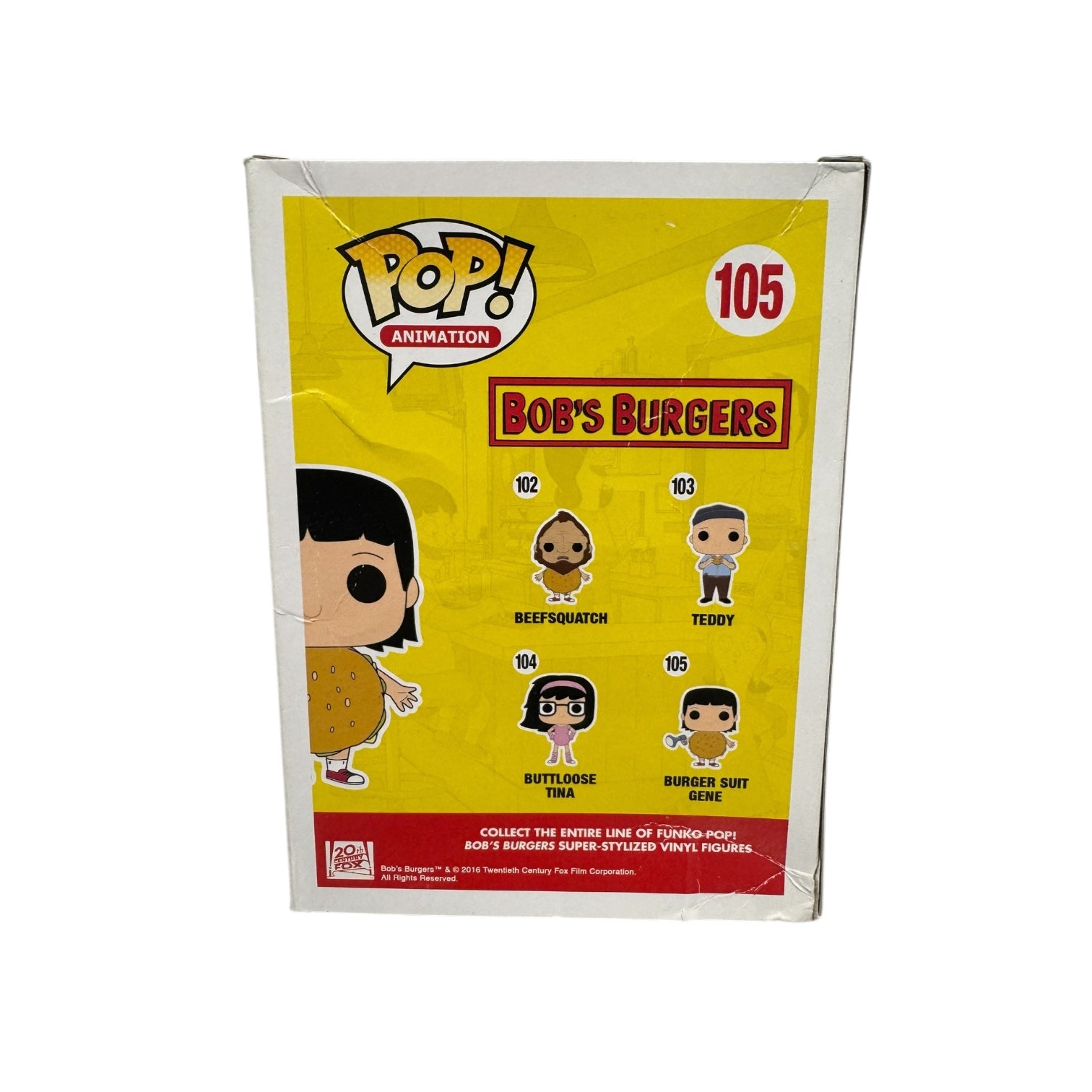 Gene Belcher from Bobs burgers wearing a hamburger costume holding a blue megaphone. Box damage.