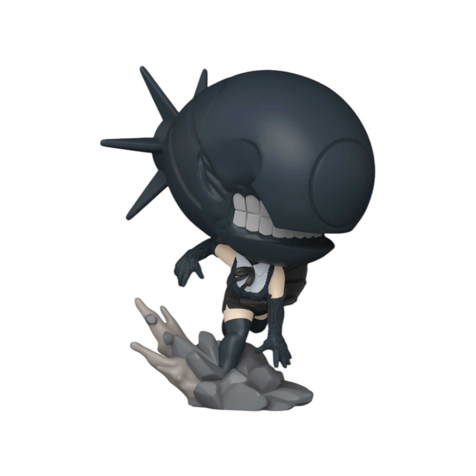 Black and white character figurine with a large head and spiky hair on a white background