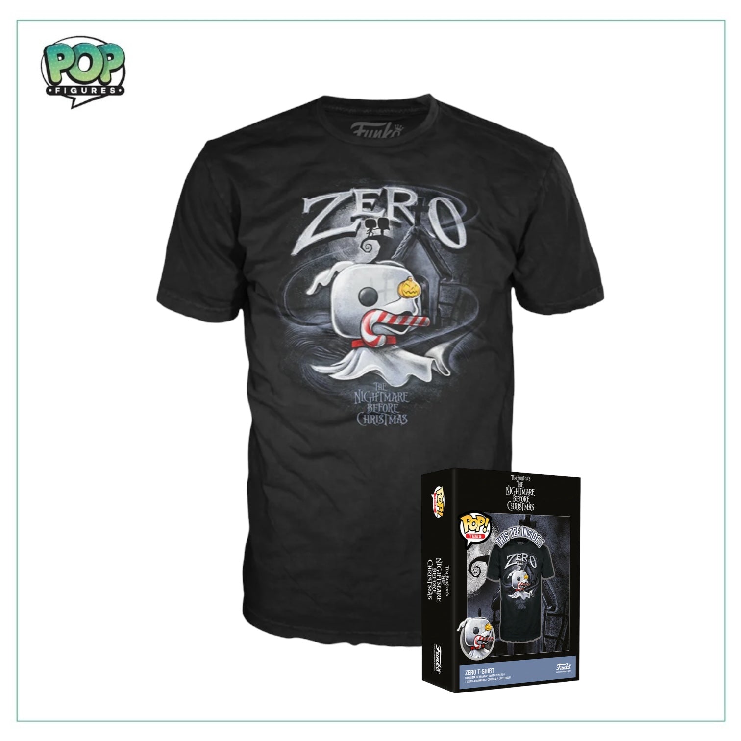 Boxed tee featuring Zero with a candy cane design from The Nightmare Before Christmas.