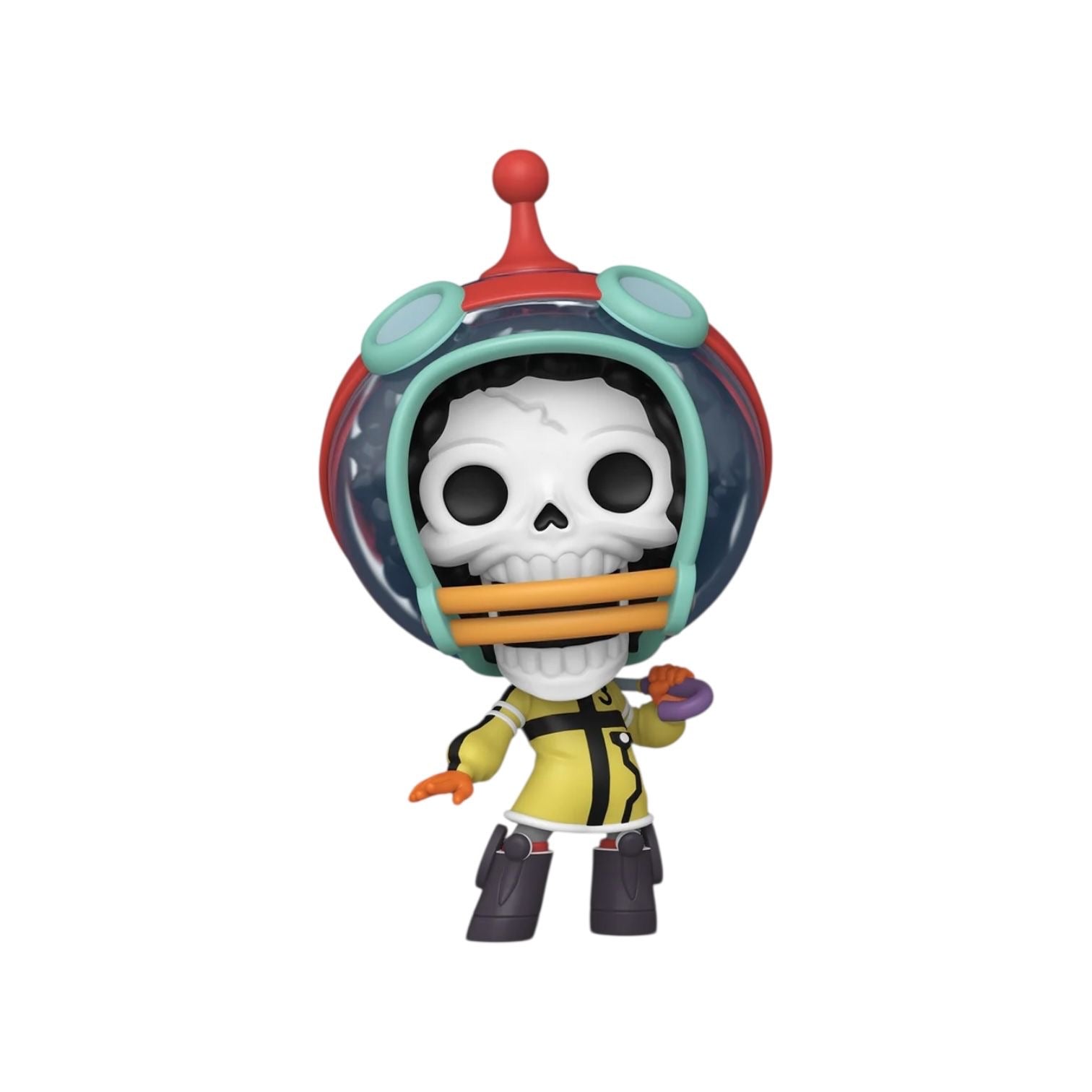 Skull character in a colorful helmet and outfit on a white background