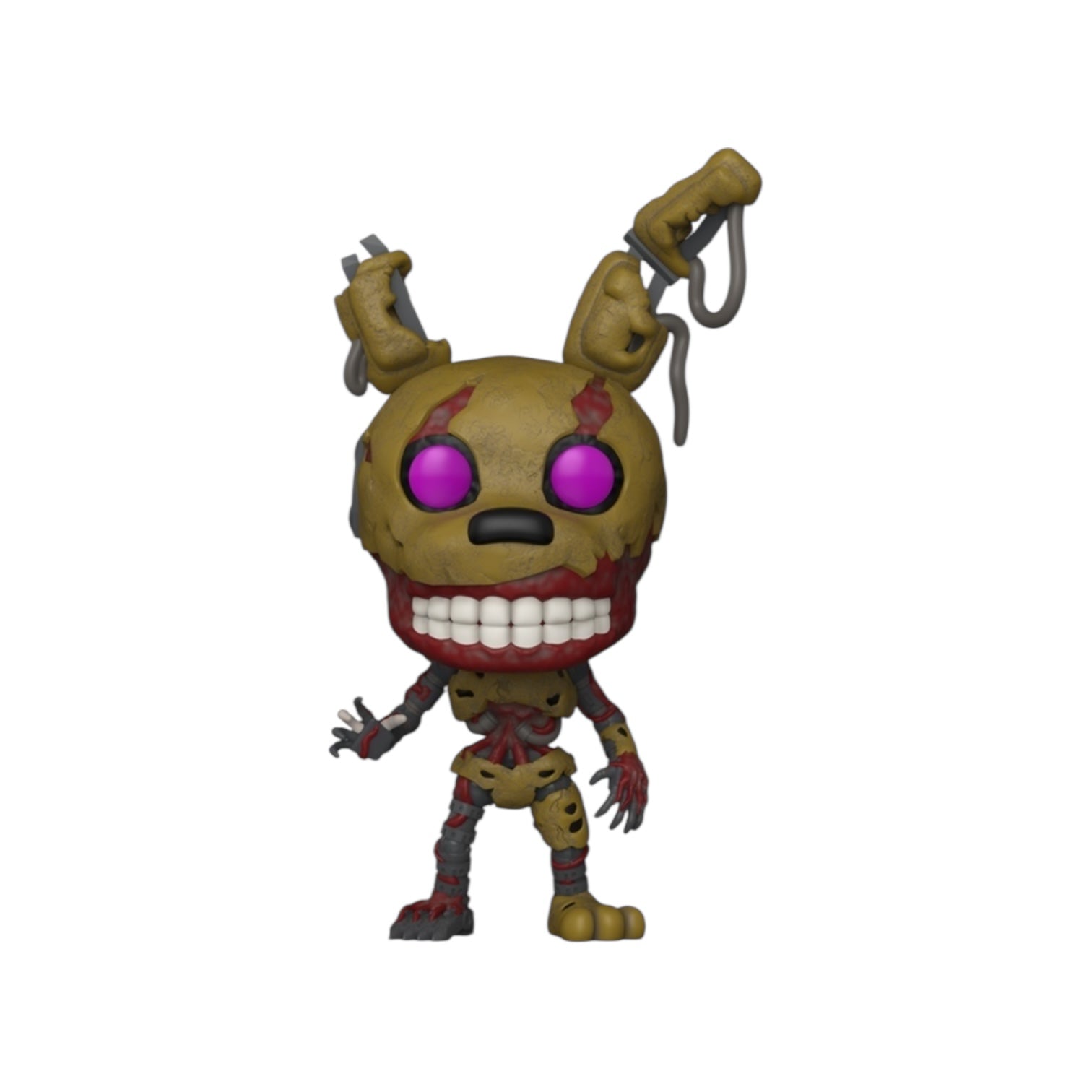 Toy figure with glowing purple eyes on a white background