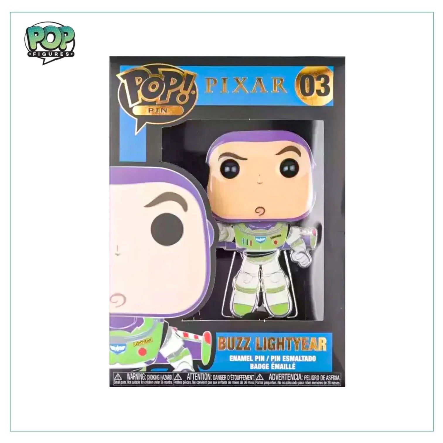 Buzz Lightyear Funko Pop Pin featuring the iconic space ranger in a vibrant design from Disney Pixar.