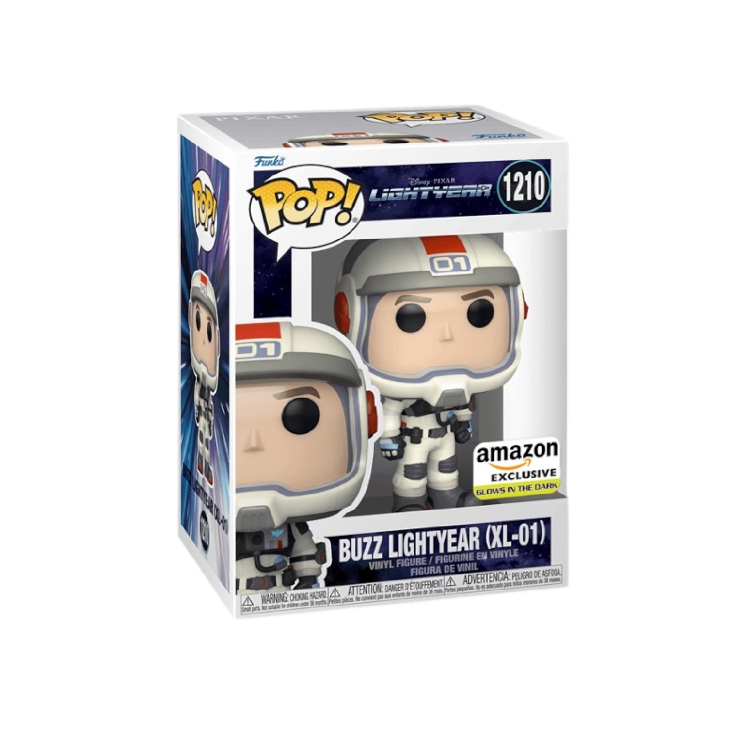 Buzz Lightyear Funko Pop! (XL-01) #1210, glows in the dark, Amazon exclusive, featuring vibrant colors and iconic design.