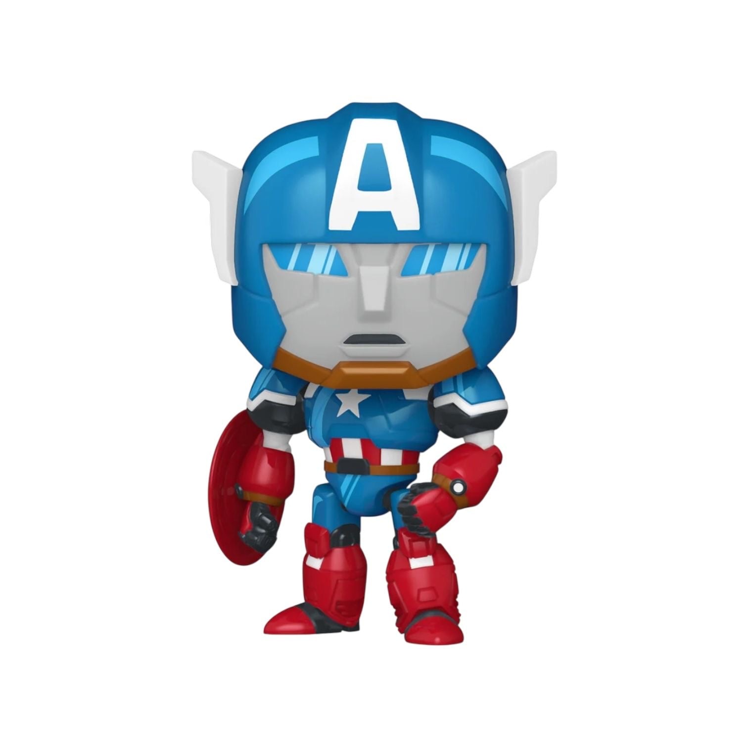 Toy figure of a superhero in blue, red, and white costume with a shield on a white background