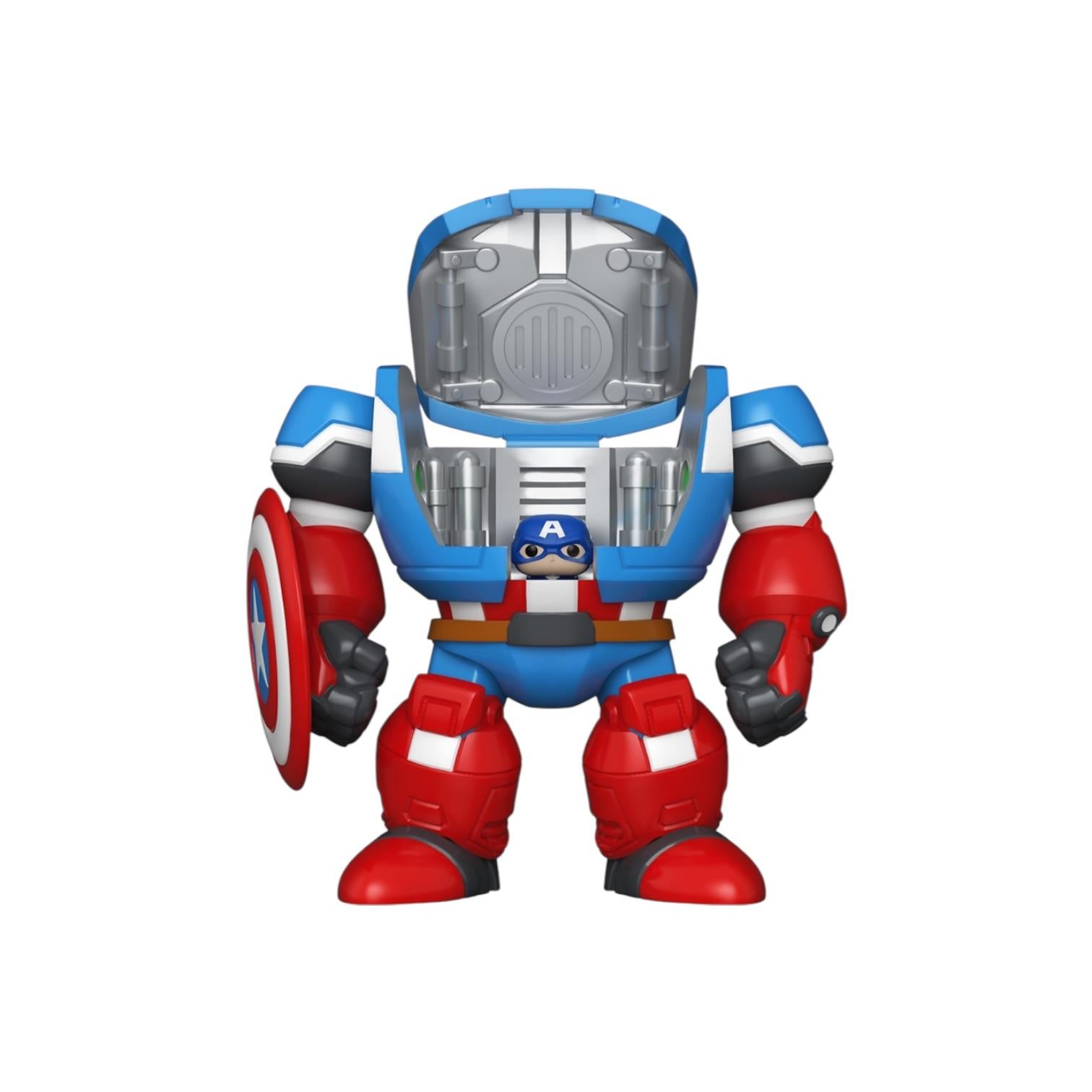 Toy figure resembling a superhero in red, blue, and white with a shield on a white background