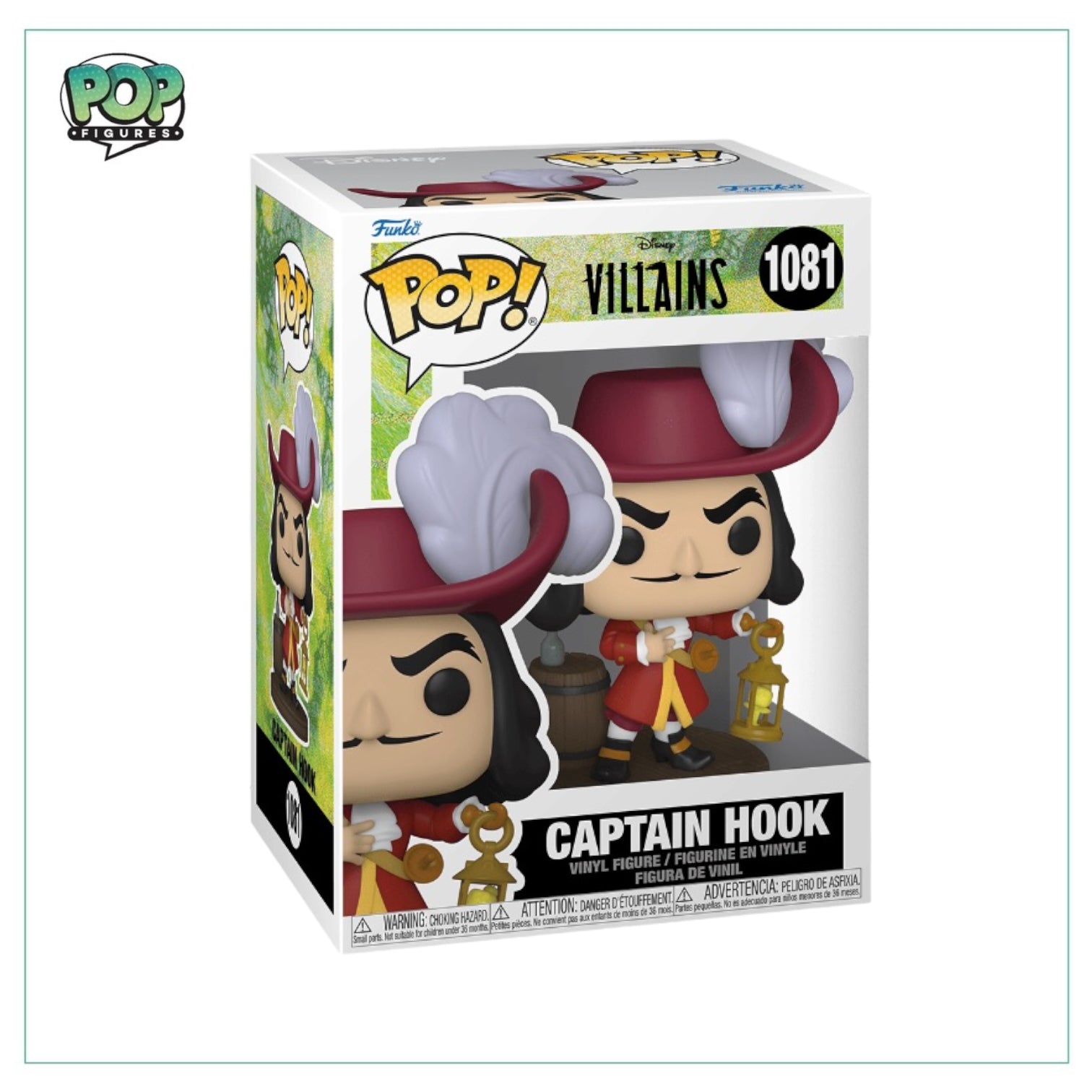 Funko Pop! figure of Captain Hook, a Disney villain, featuring his signature hook and pirate attire.