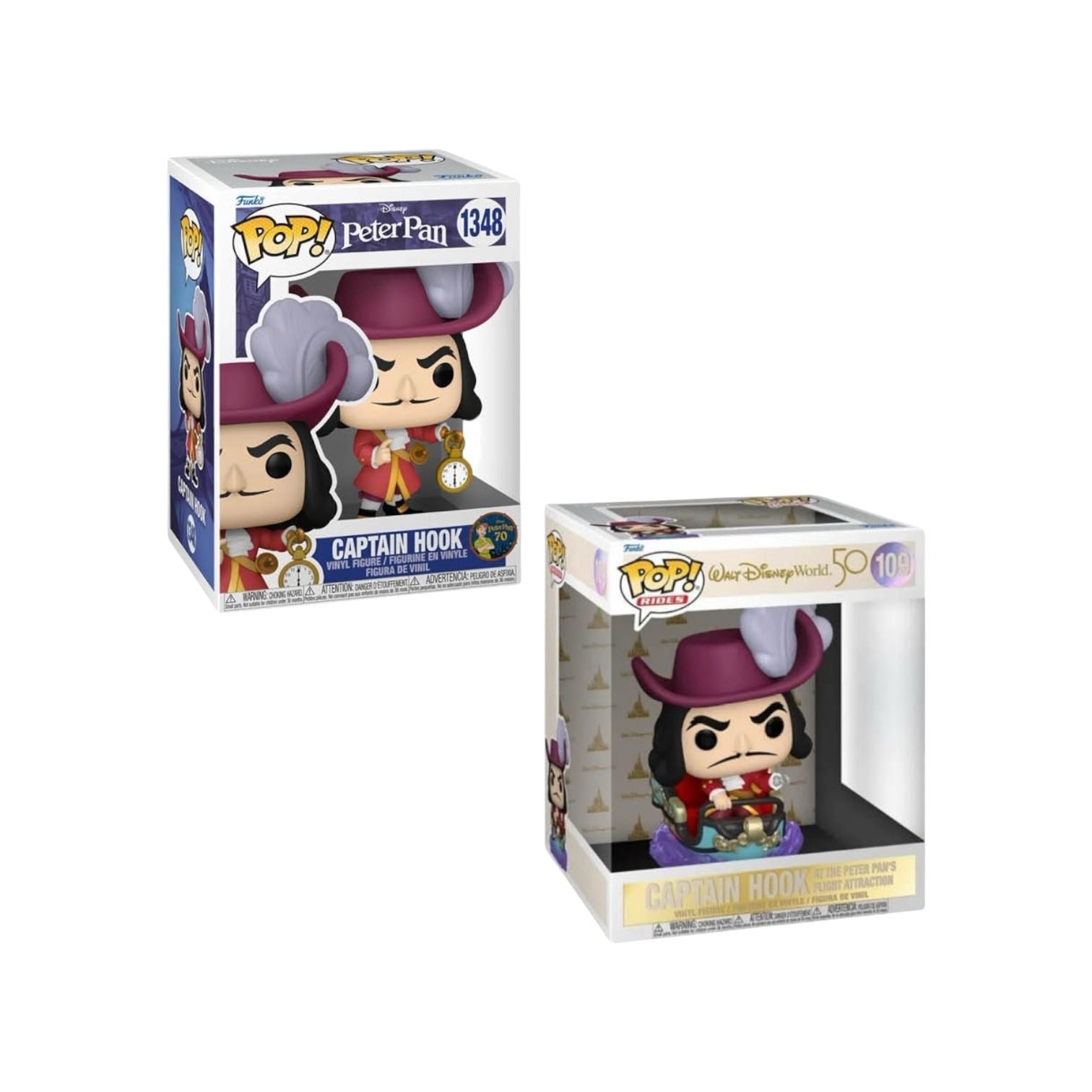 Funko Pop! bundle featuring Captain Hook and Peter Pan at the Peter Pan's Flight attraction, perfect for Disney fans.
