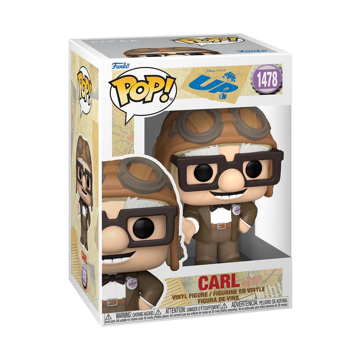 Carl #1478 Funko Pop! figure, featuring a smiling elderly man with glasses and a brown hat, holding a cane.