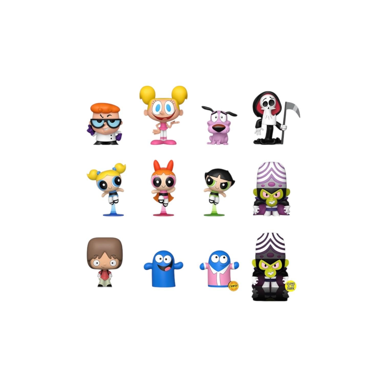 Set of colorful cartoon character figurines on a white background