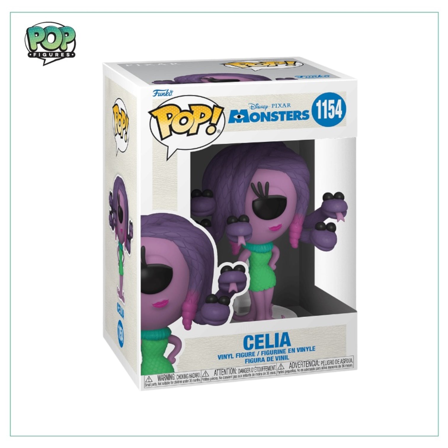 Celia #1154 Funko Pop! figure from Monsters Inc, featuring her purple hair and snake-like accessories, standing on a base.