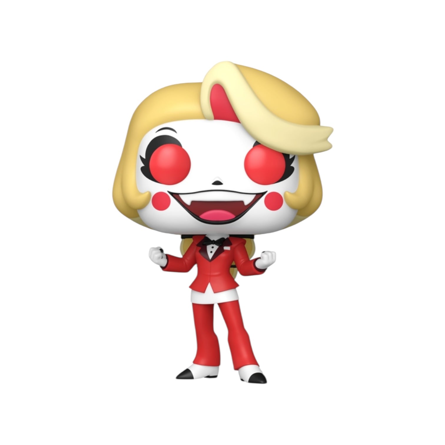 Animated character figure with red outfit and white face on a white background