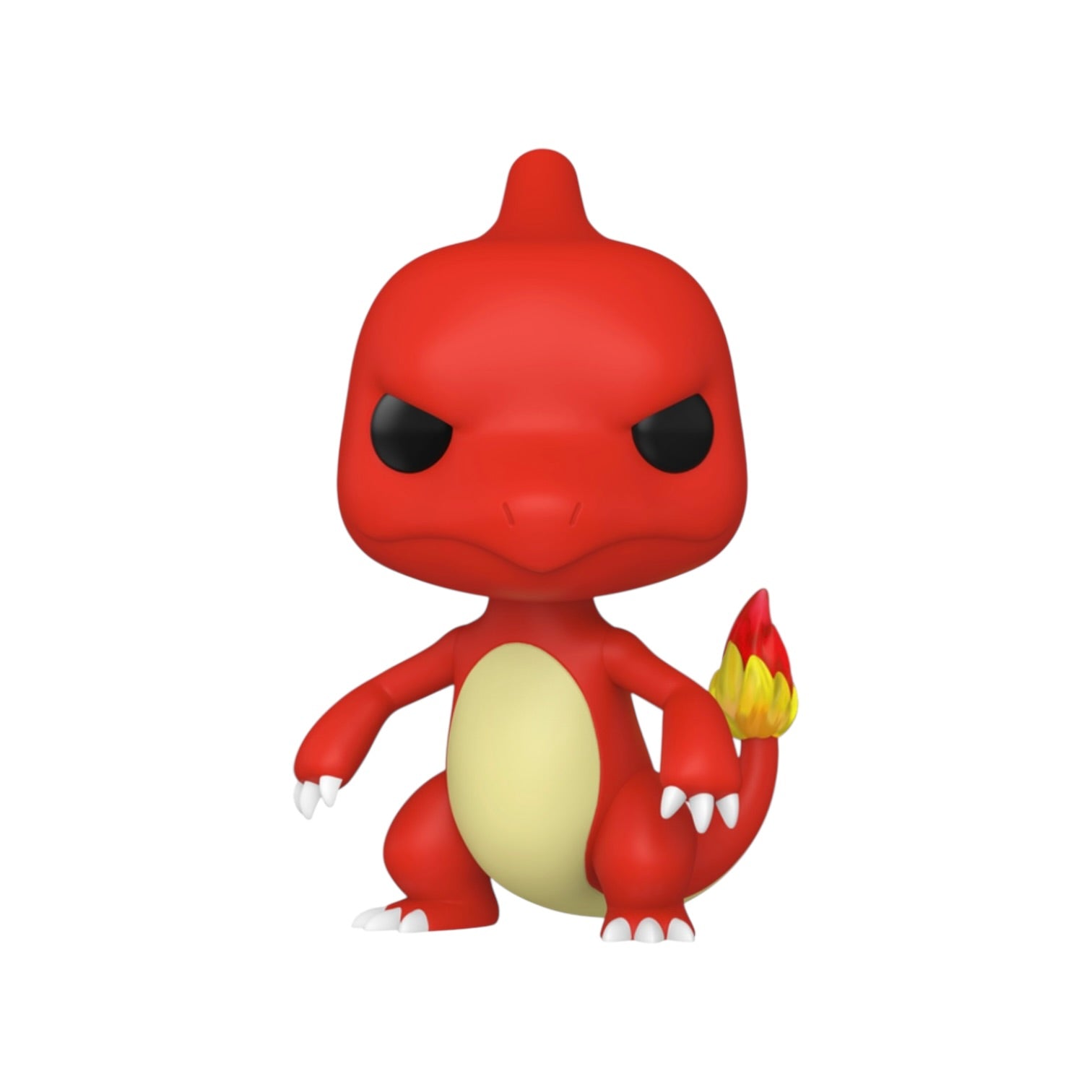 Red and yellow cartoon character with a flame on a white background