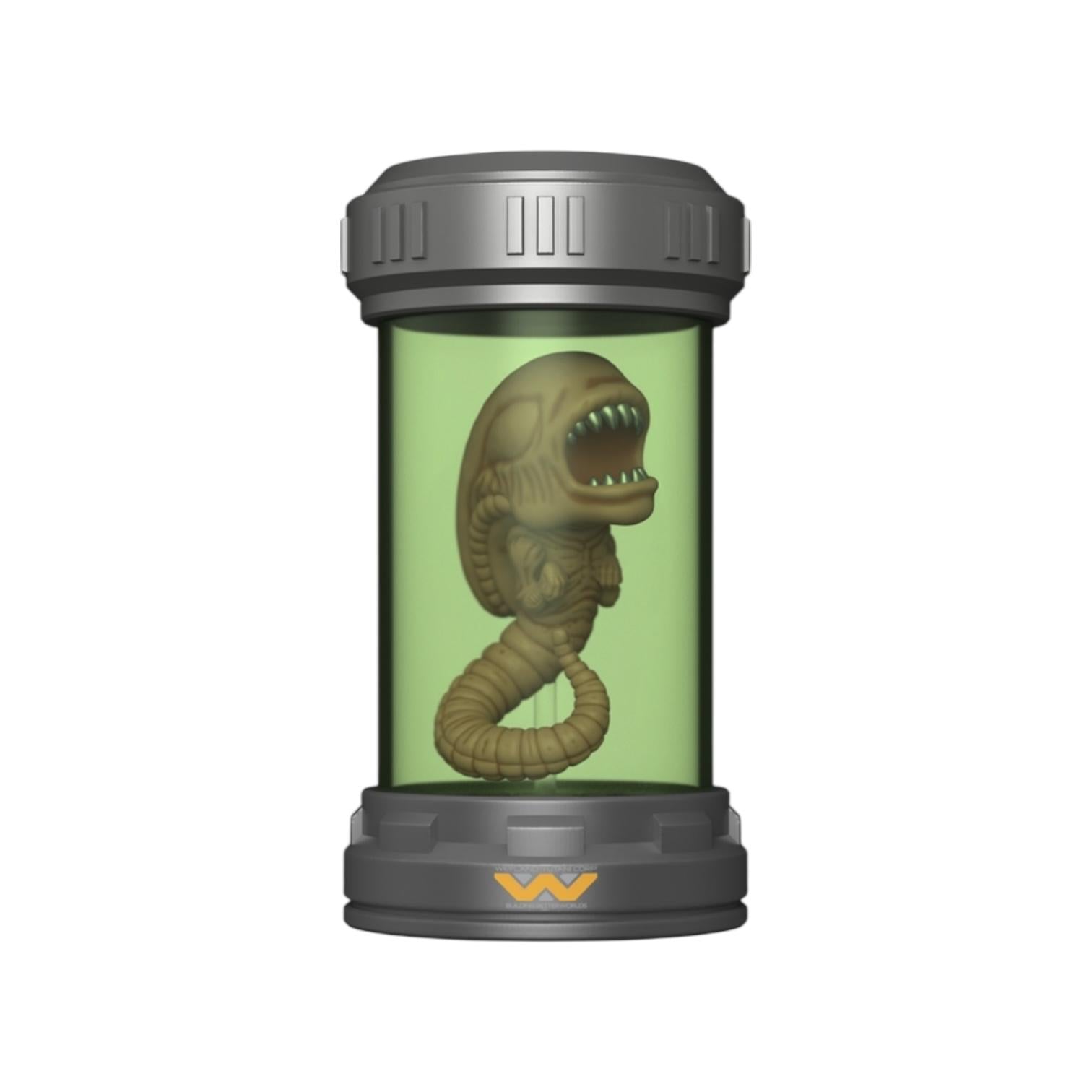 Toy figure of a creature in a transparent container with a gray lid on a white background