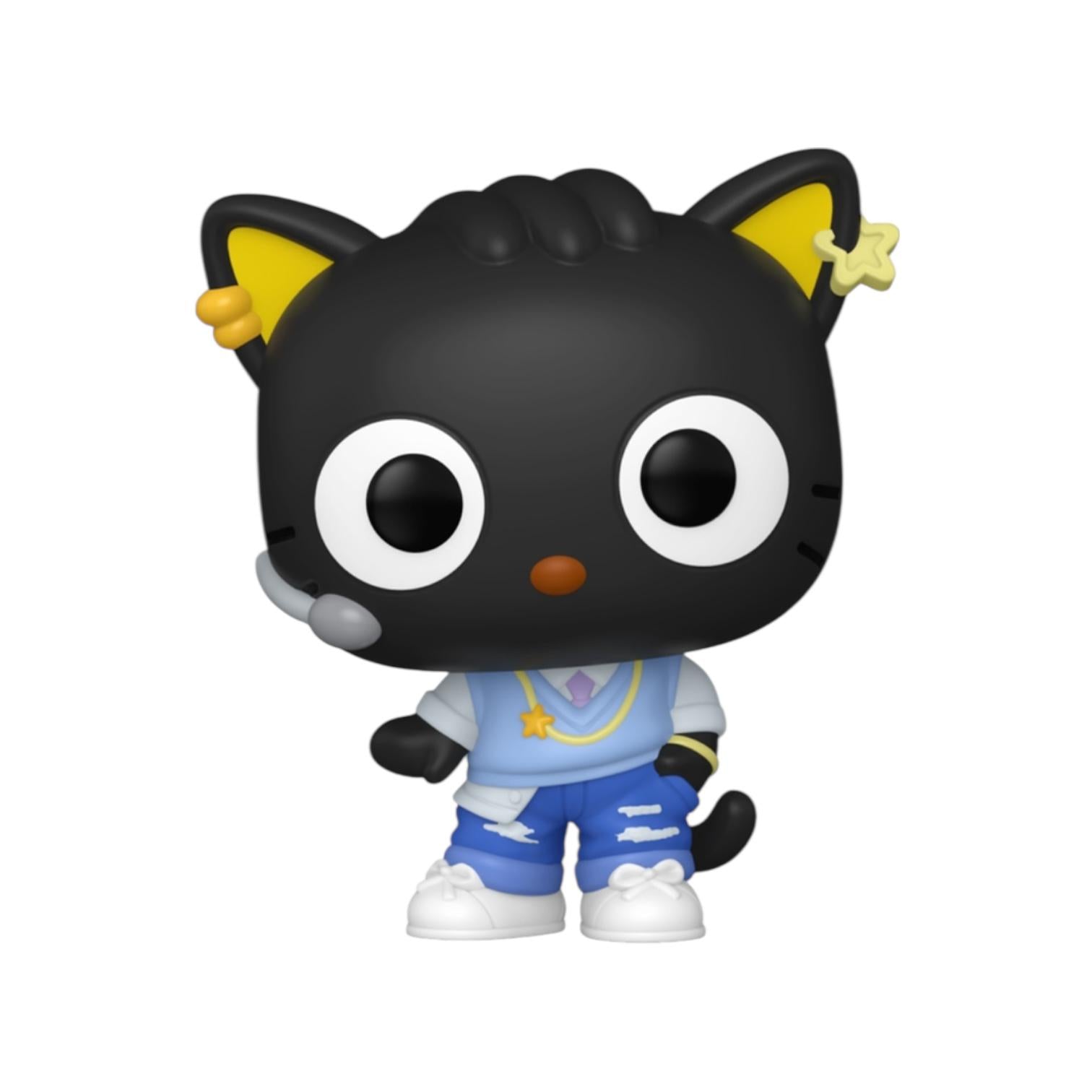 Black cat figurine with yellow accents on a white background