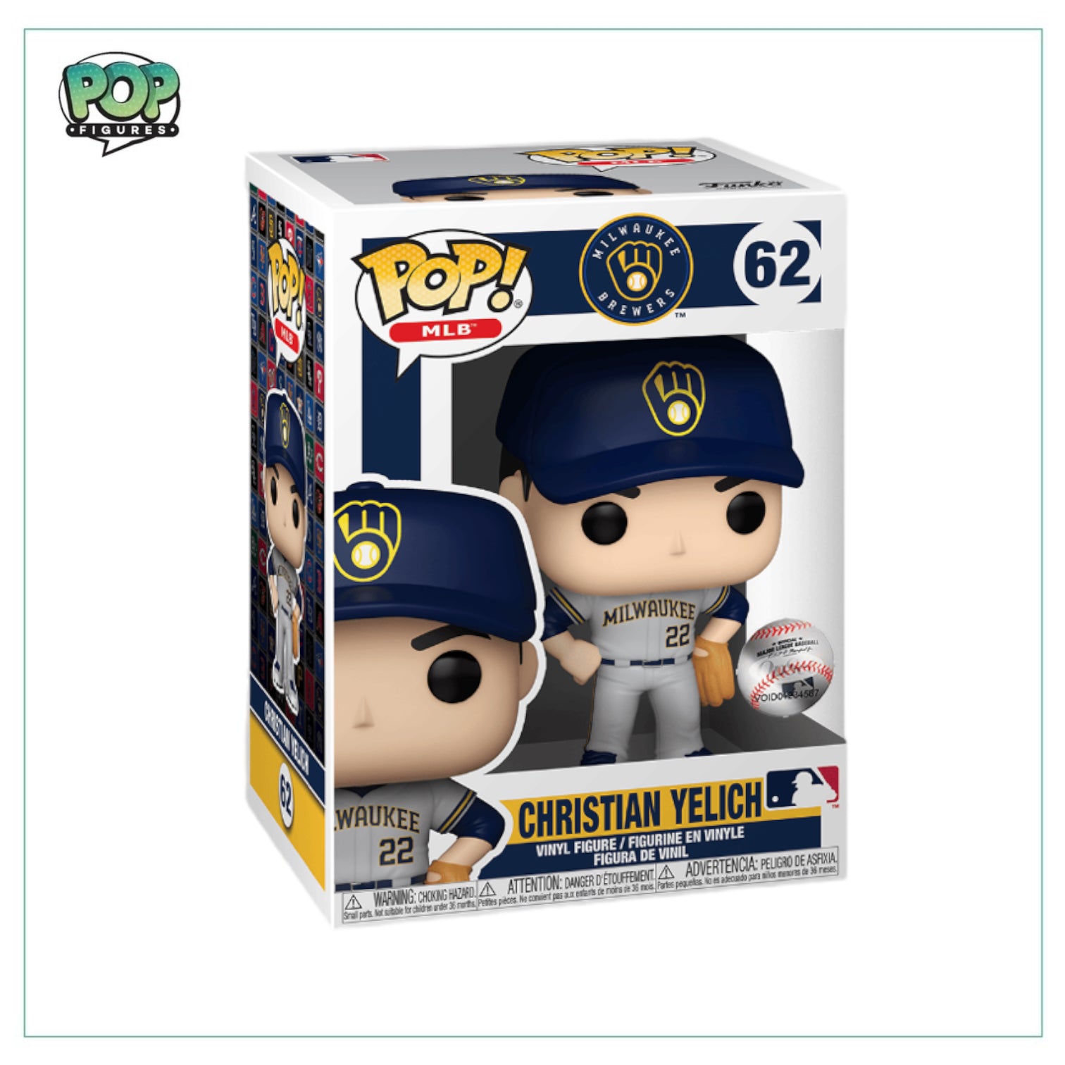 Funko Pop! figure of Christian Yelich in his road uniform, wearing jersey #62, representing MLB.