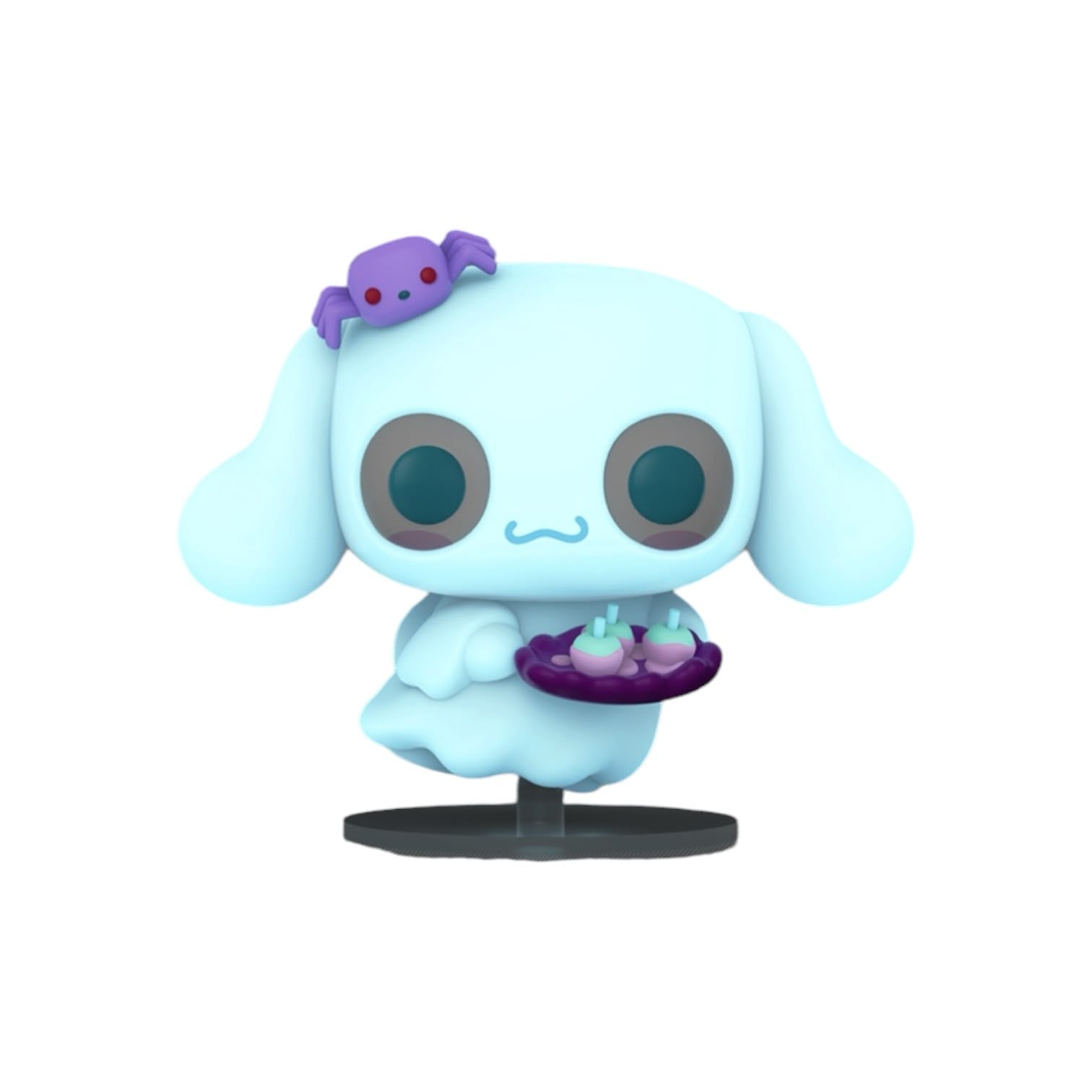 Light blue cartoon character with a purple spider on its head, holding a purple plate with small figures, on a white background.