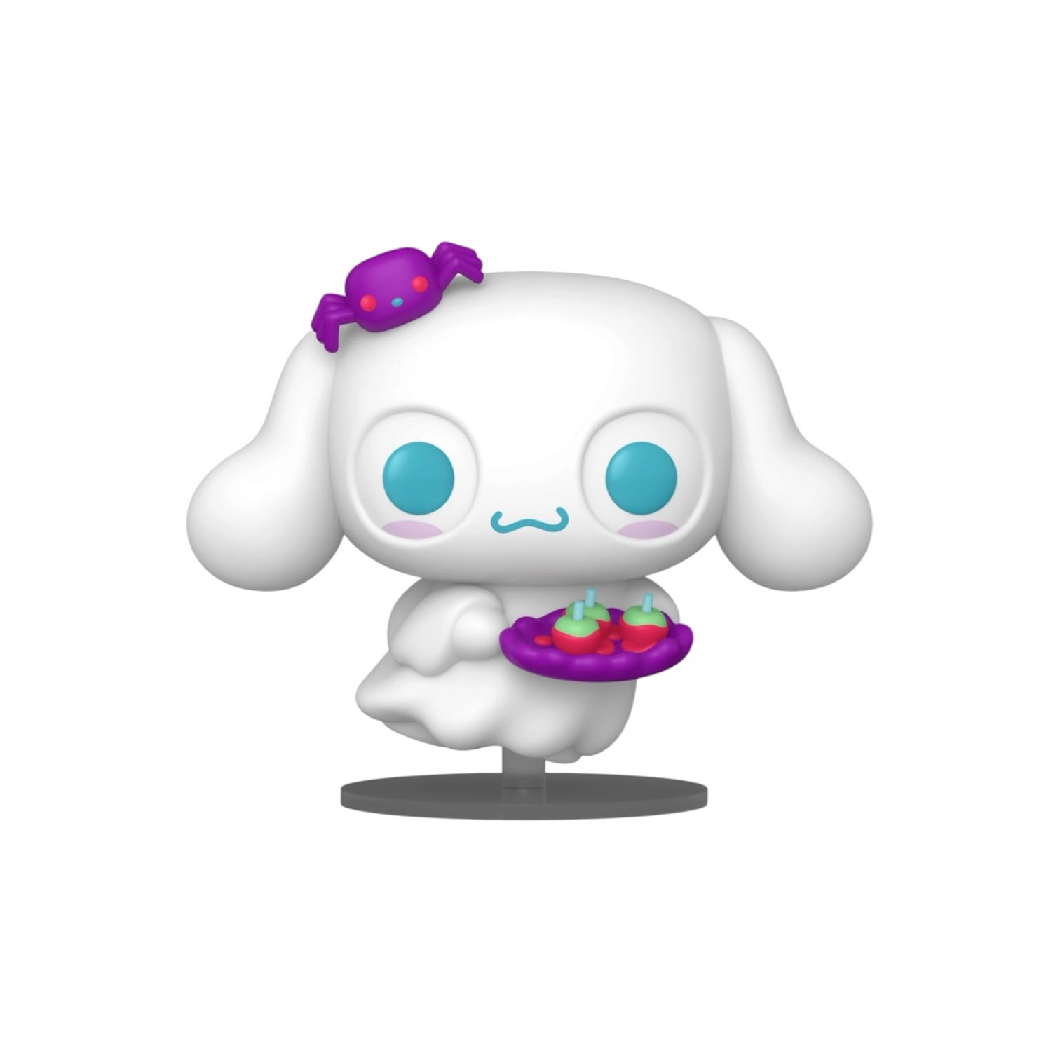 White cartoon character with blue eyes and a purple bow holding a purple plate with small figures on a white background