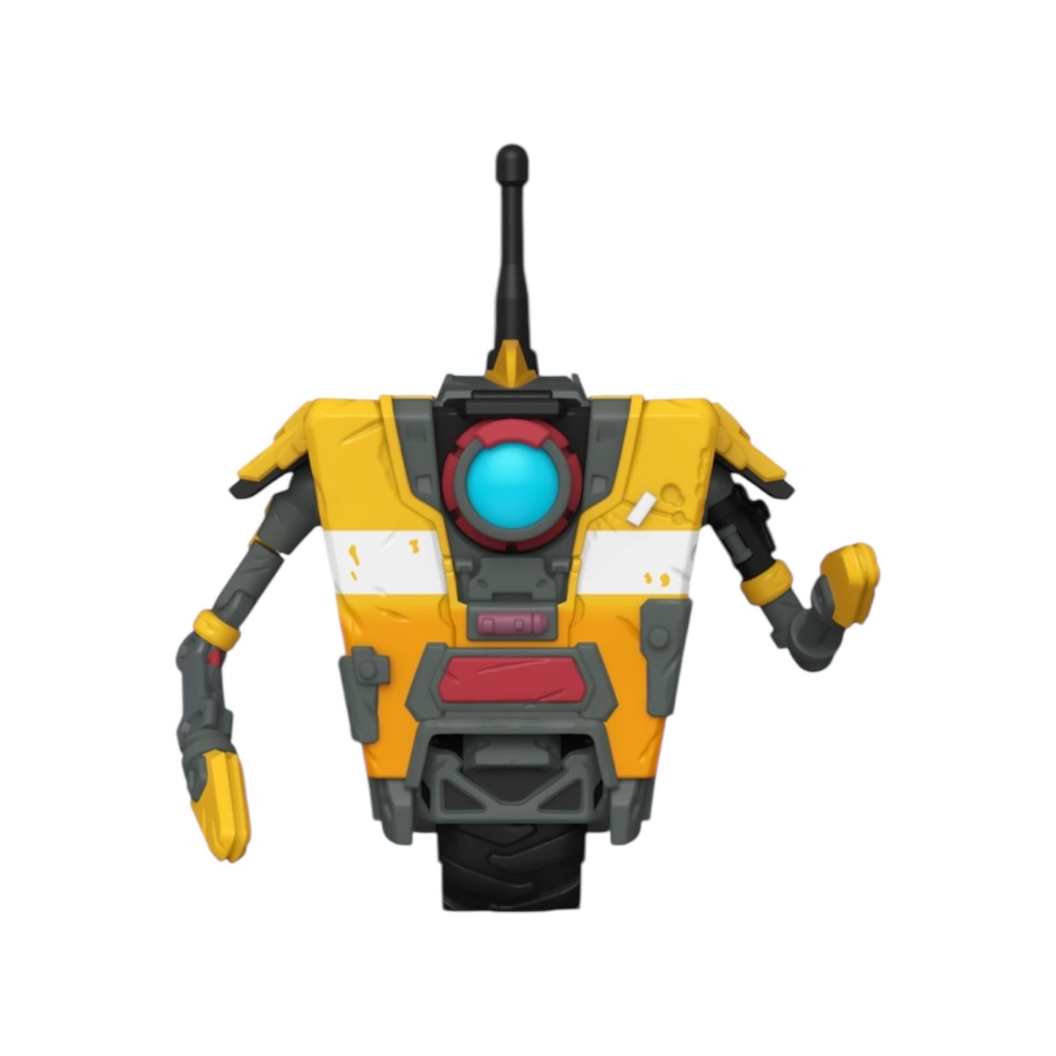 Toy robot figure with yellow, gray, and red colors on a white background