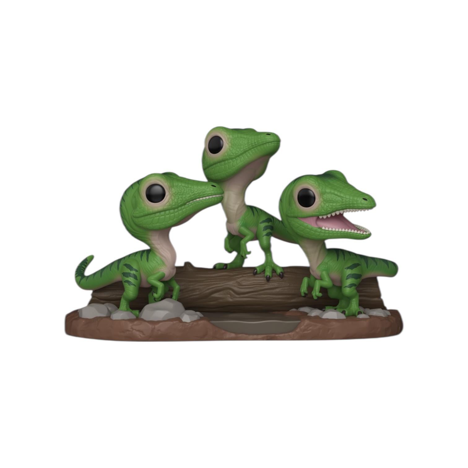 Three green dinosaur figurines on a wooden base with a white background