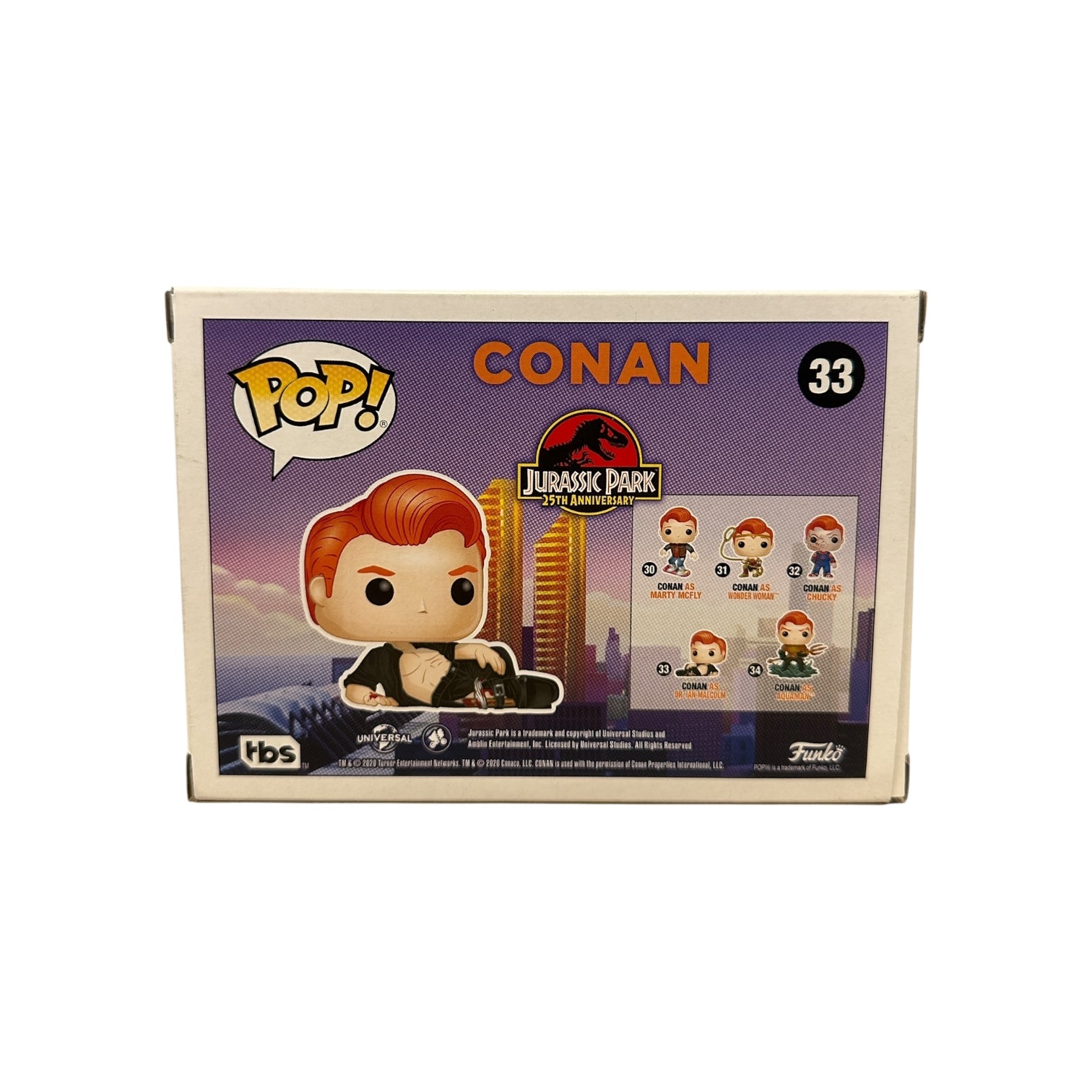 Funko Pop! Conan figure packaging with Jurassic Park theme