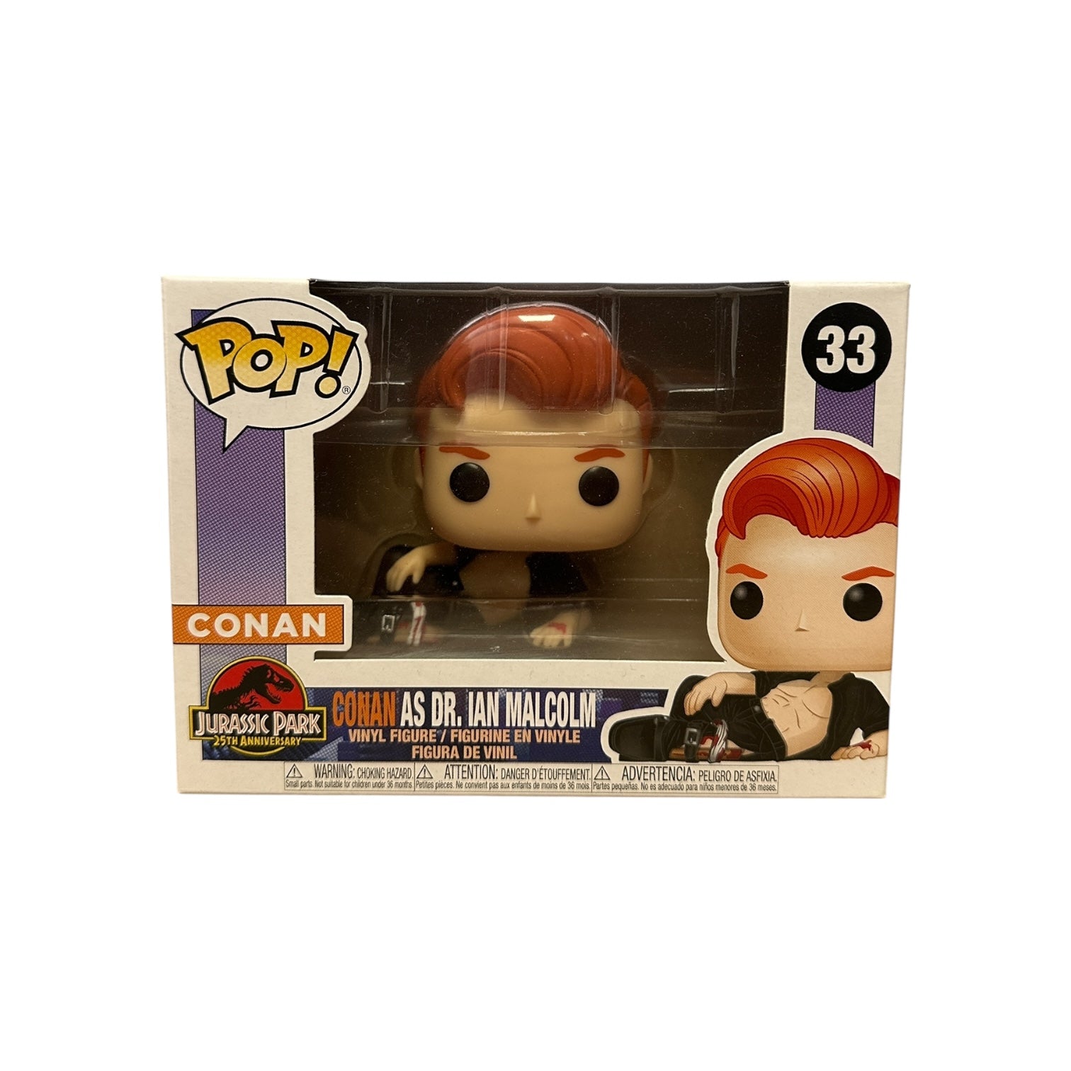 Funko Pop! vinyl figure packaging with Conan as Dr. Ian Malcolm from Jurassic Park on a white background.