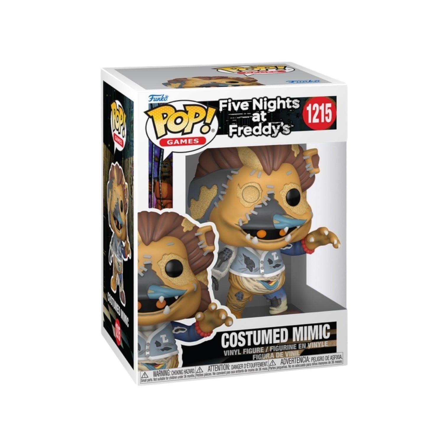 Funko Pop! vinyl figure packaging for 'Five Nights at Freddy's' with a costumed mimic toy.
