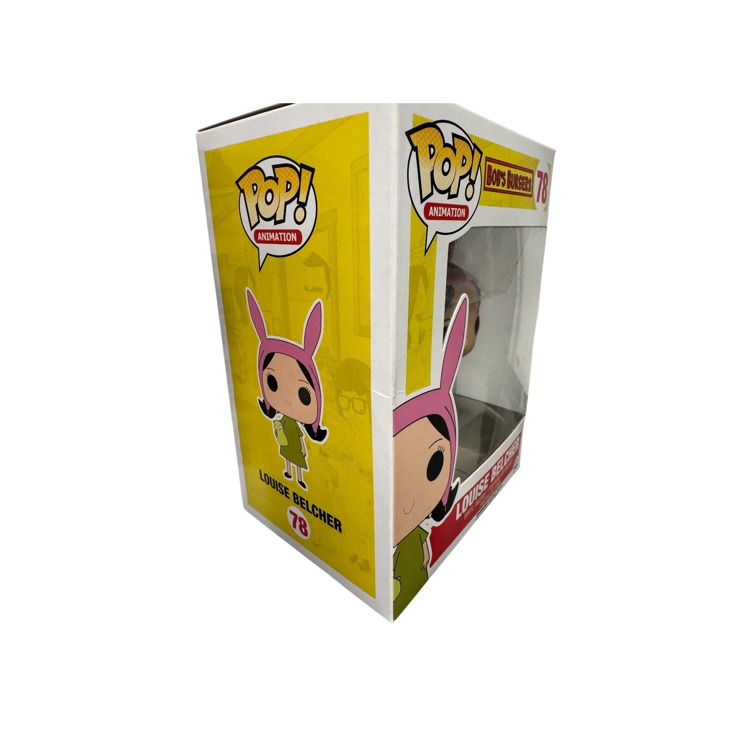Louise Belcher | Funko Pop | Bob's Burgers . Louise in green dress holding a green teddy wearing pink rabbit ears. 