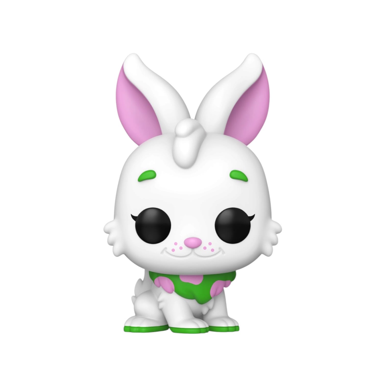 White bunny figurine with pink ears and green accents on a white background