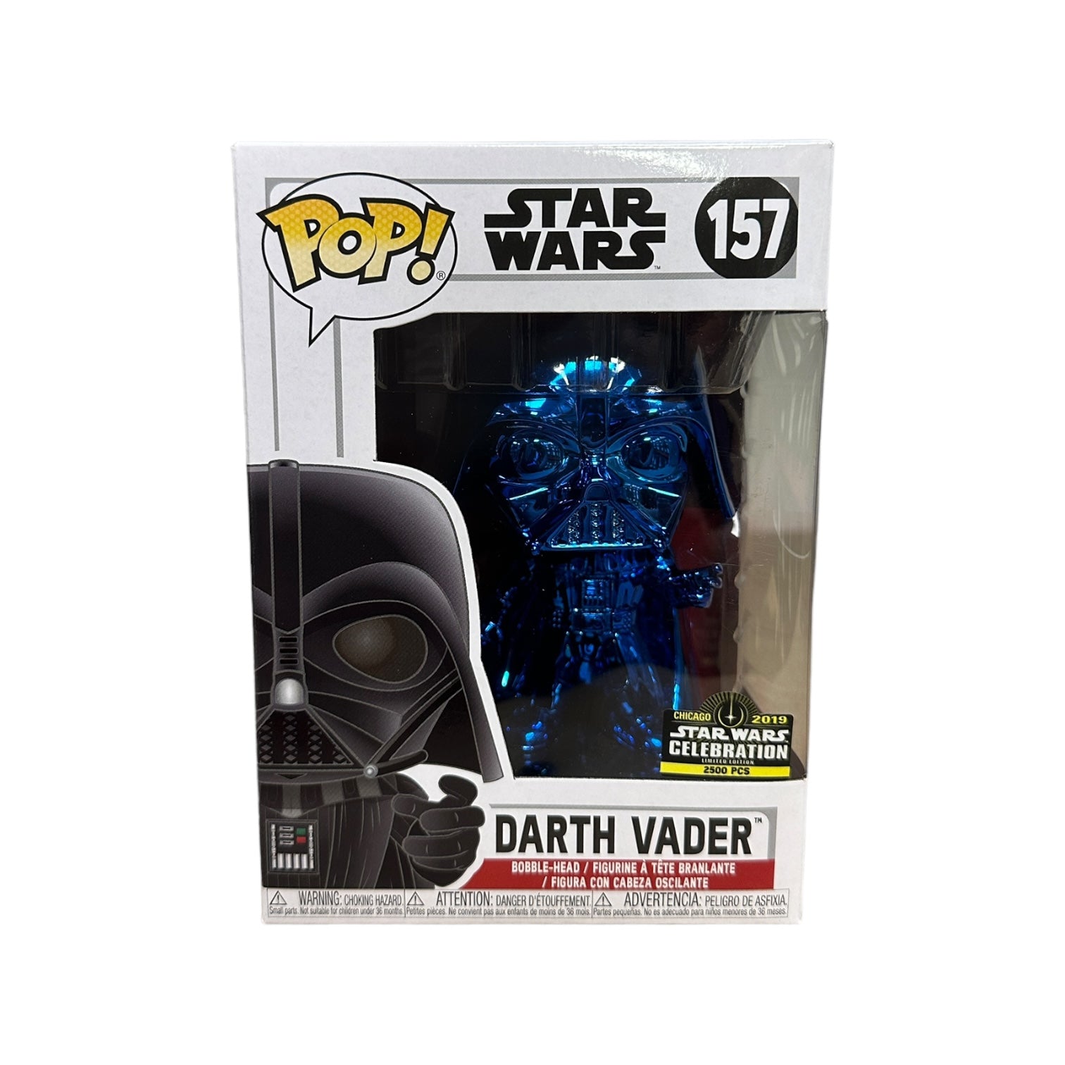 Funko Pop! #157 of Blue Chrome Darth Vader, a 2019 Star Wars Celebration Chicago exclusive, limited to 2500, condition 8.75/10.