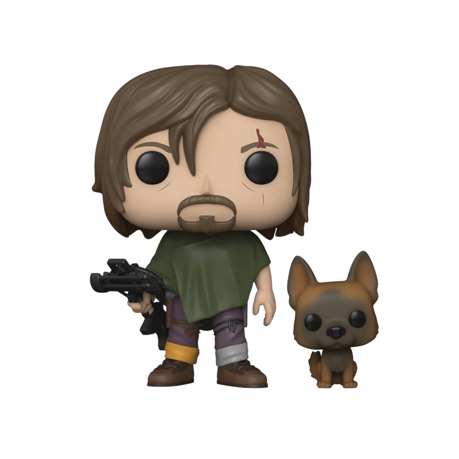 Daryl Dixon with green poncho with a gun in his hand standing next to his dog.