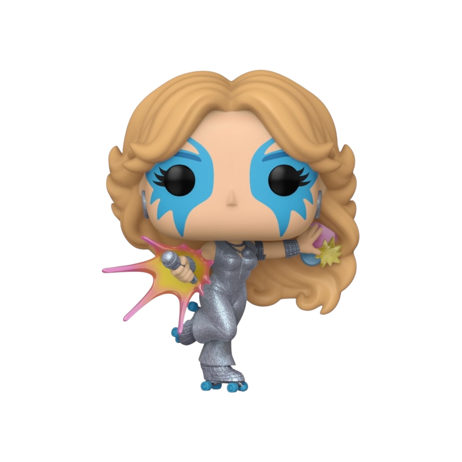 Pop vinyl figure with blonde hair and blue eye makeup on a white background