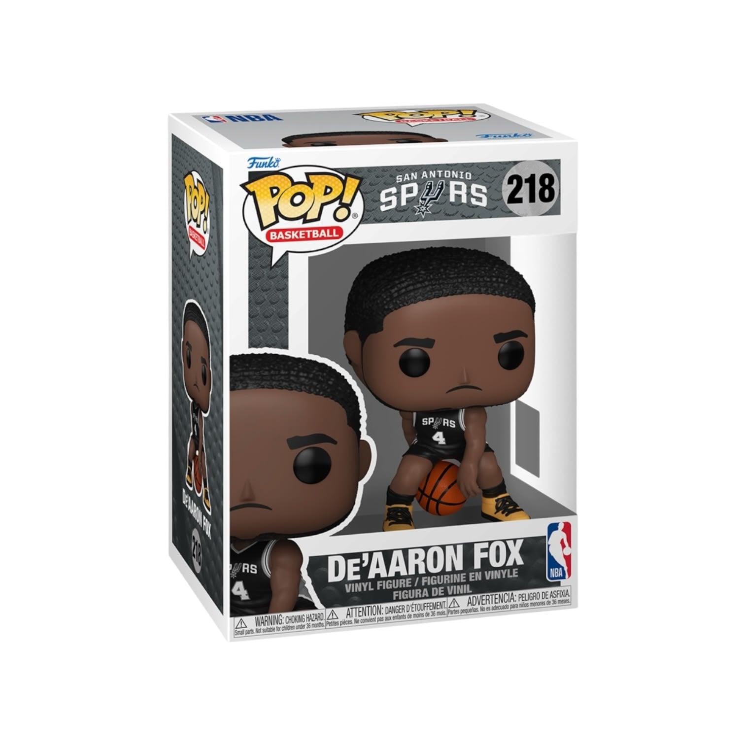 Funko Pop! vinyl figure packaging featuring De'Aaron Fox in a San Antonio Spurs jersey.